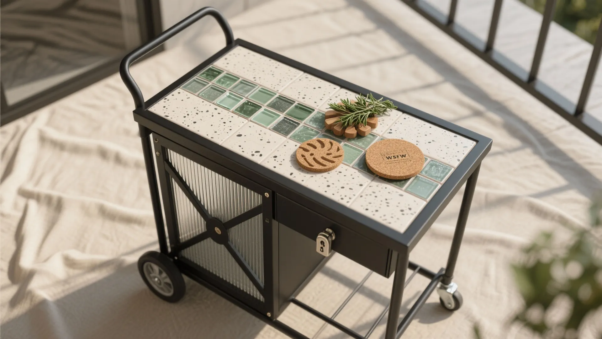 Tile-Top Bar Cart That Locks In Place