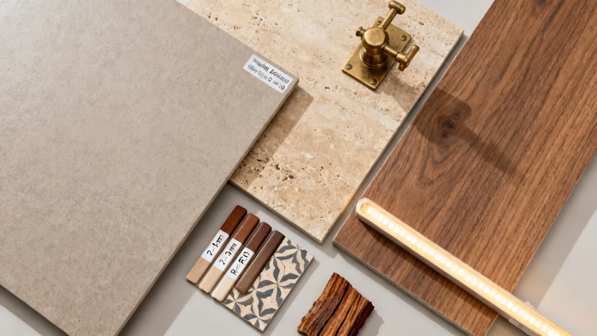 Top-down flat lay of greige, stone-look, wood-look, and patterned tile samples with grout sticks.