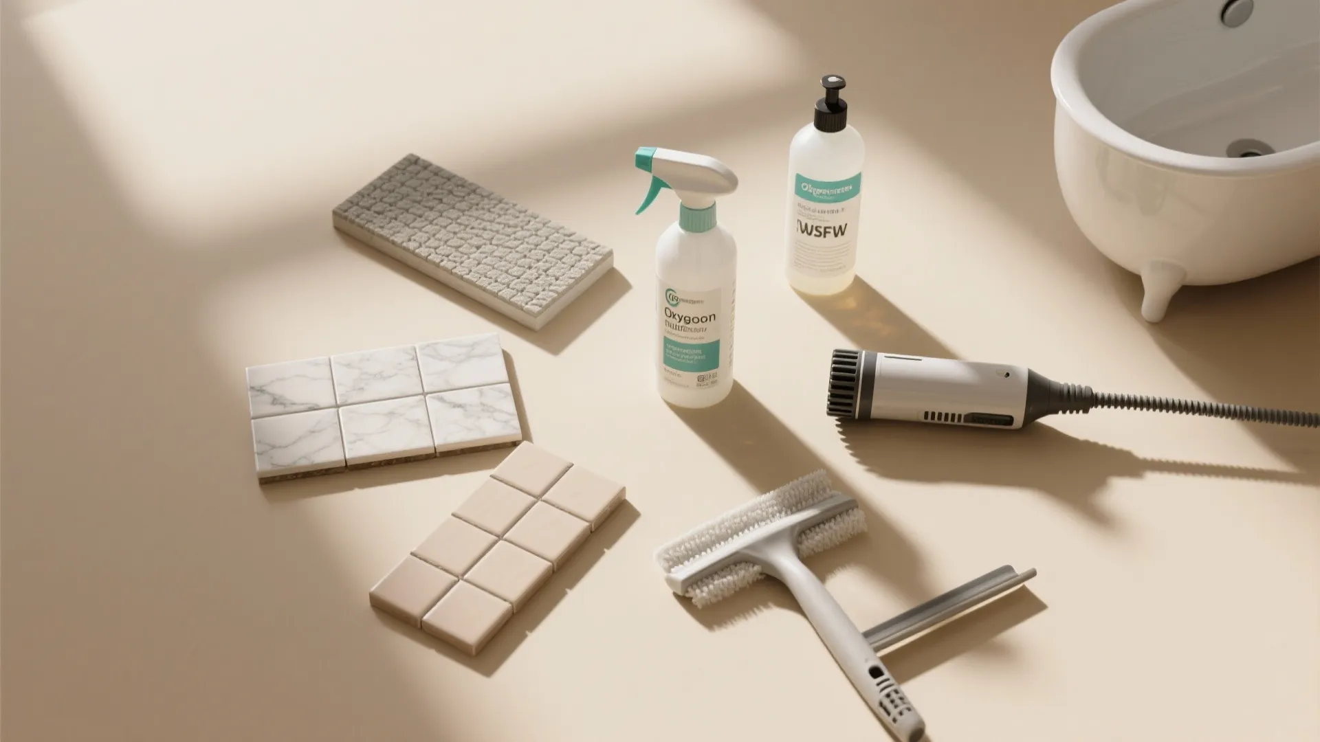 Various bathroom cleaning tools spray bottles and tile samples arranged on a neutral beige background