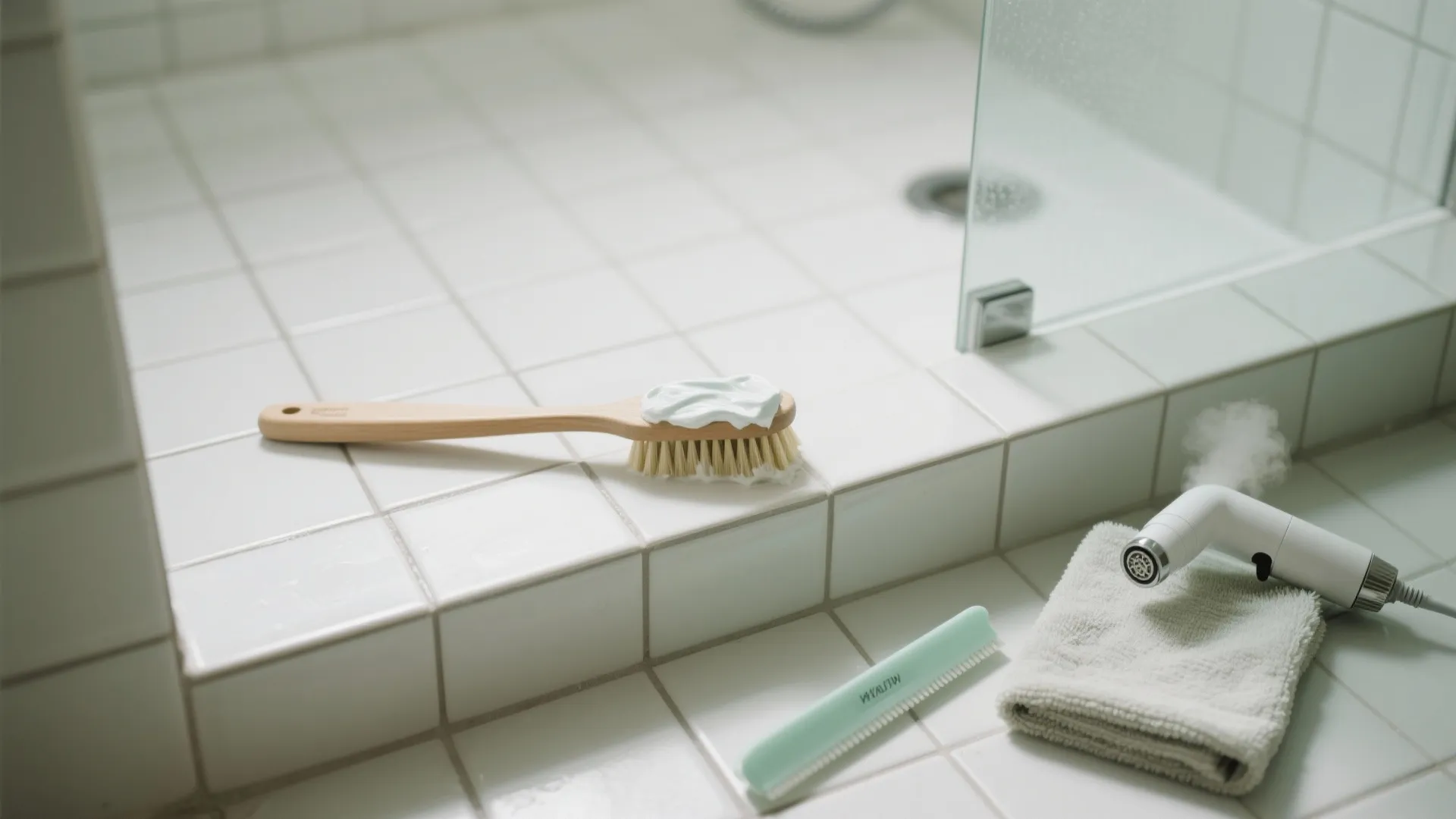 Top-down scene of shower floor grout being scrubbed with a nylon brush and oxygen bleach paste, with squeegee and steam nozzle nearby.