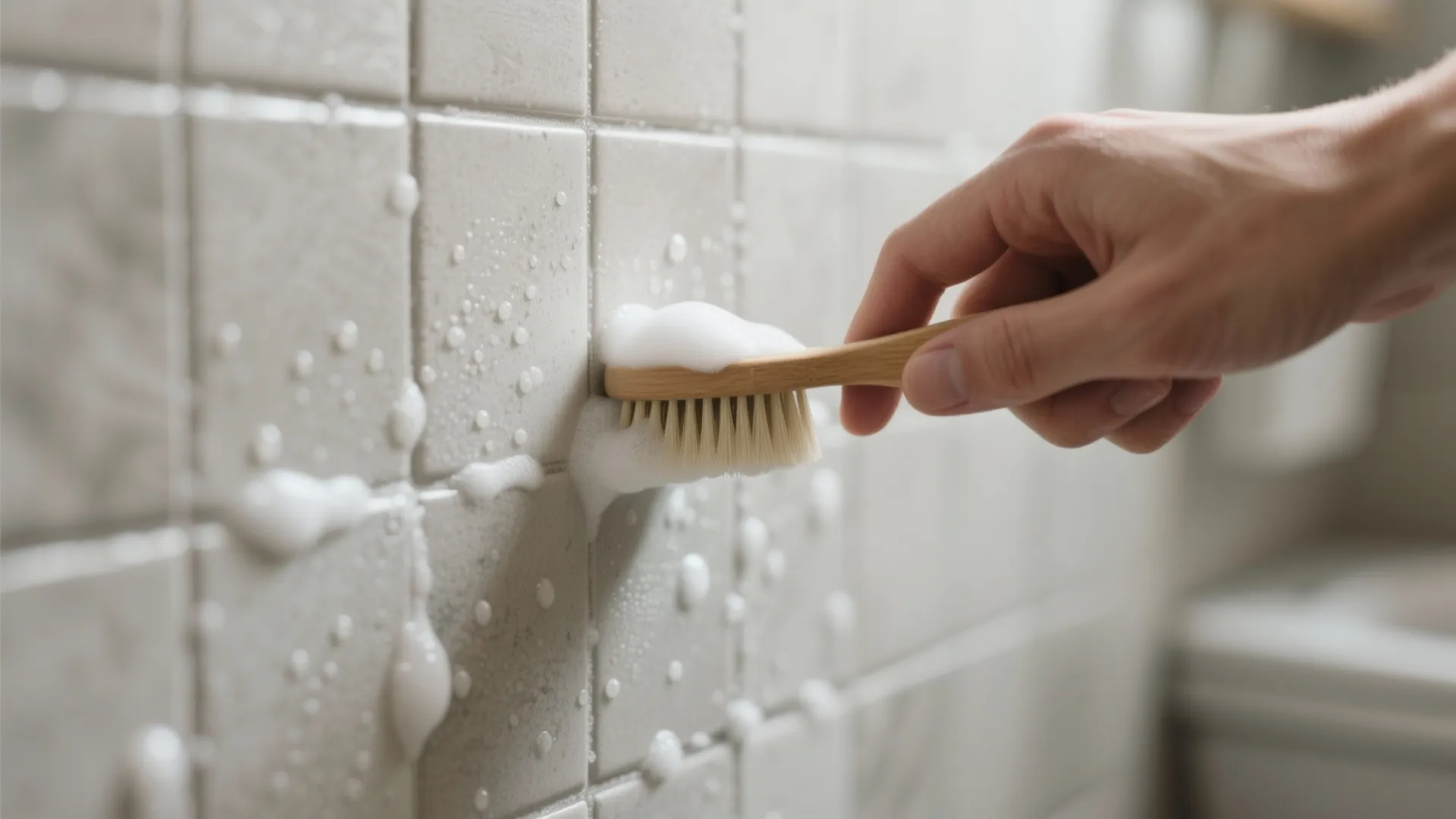 Close-up of a soft brush cleaning grout on matte textured bathroom tiles with light foam and water beads.