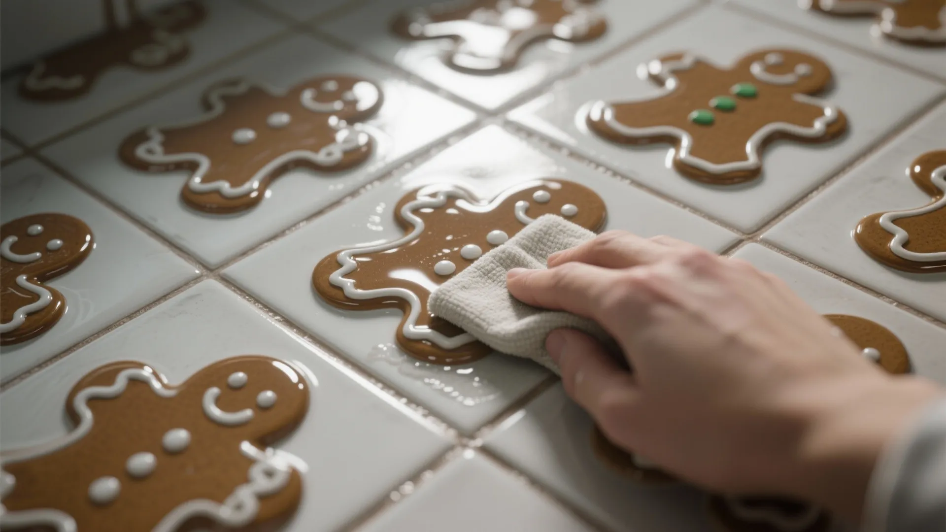 Close-up of a glossy patterned tile being wiped clean, showing sealed grout and easy maintenance.