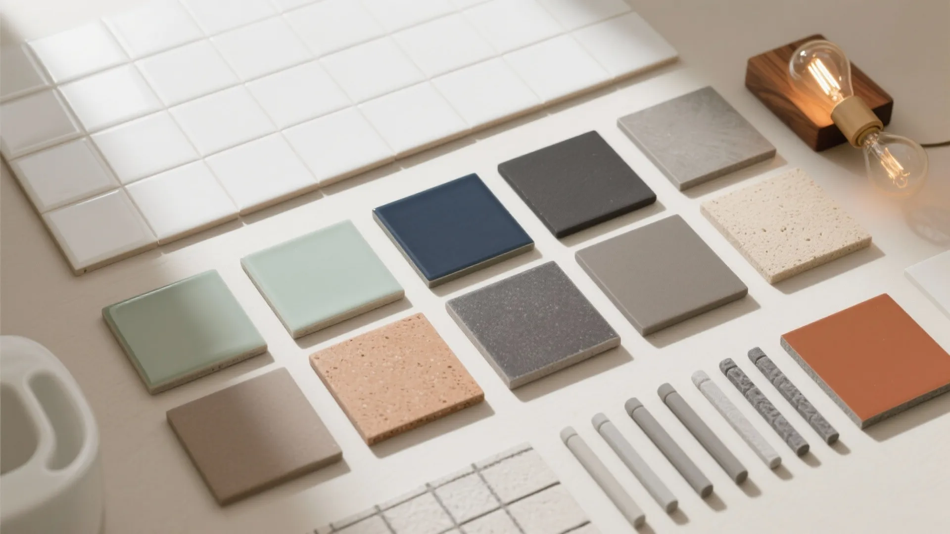 Various colorful square tiles and material samples for room design beside a small warm light