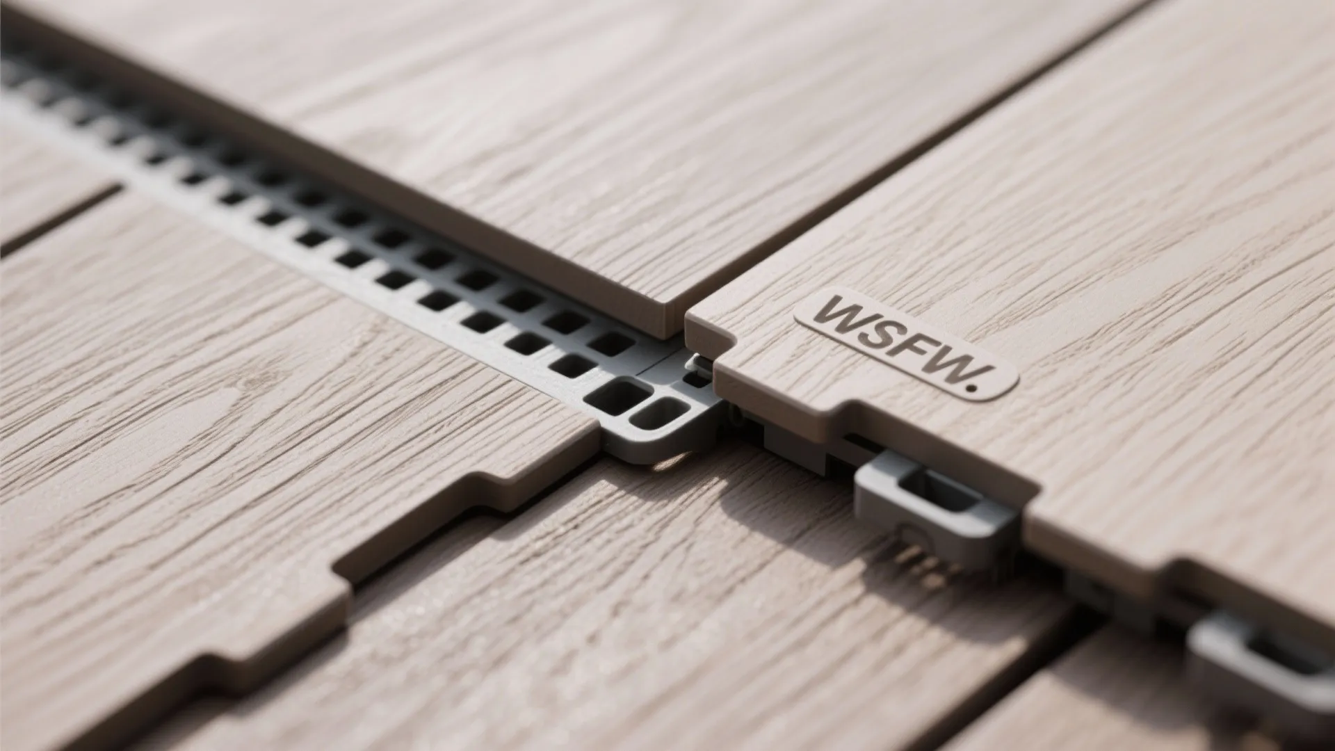 Macro detail of composite deck tile connector and wood-look texture with drainage gap.