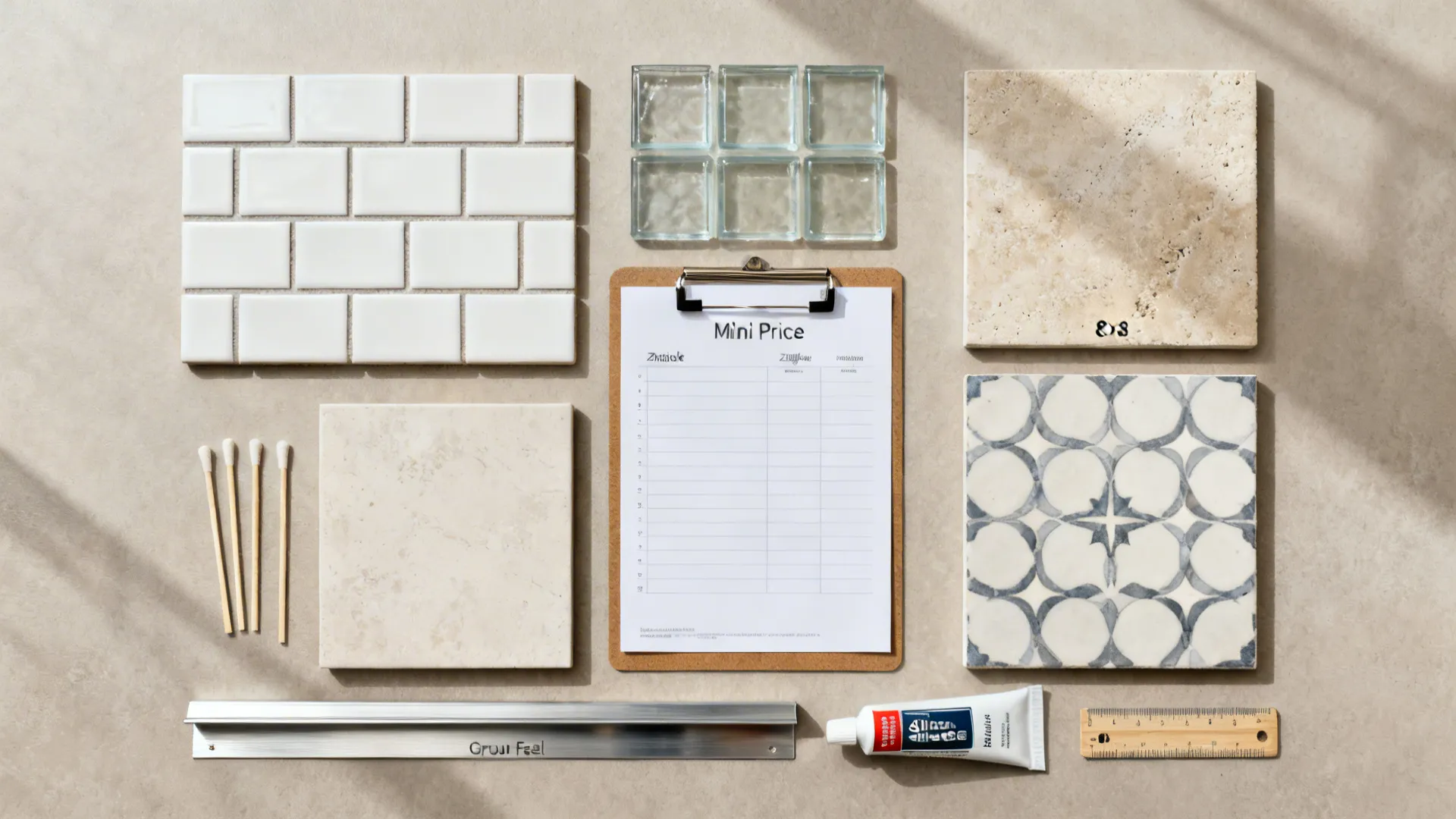 Flat lay of diverse tile samples with grout sticks, metal trim, silicone, and ruler.