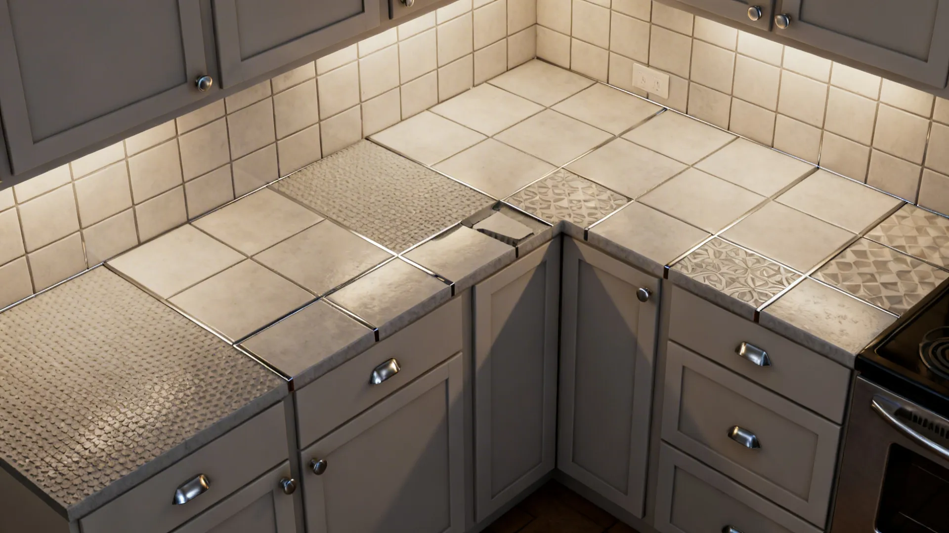 Top-down kitchen plan visualizing tiles, seams, grout widths, and transition zones for accurate cost planning.