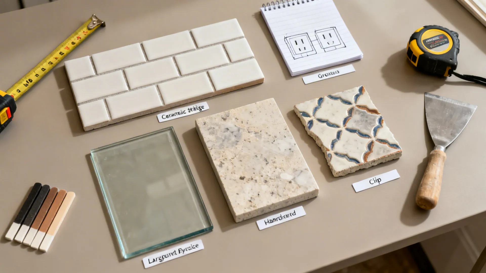 Top-down flatlay of tile and panel samples with tools highlighting material and install factors.