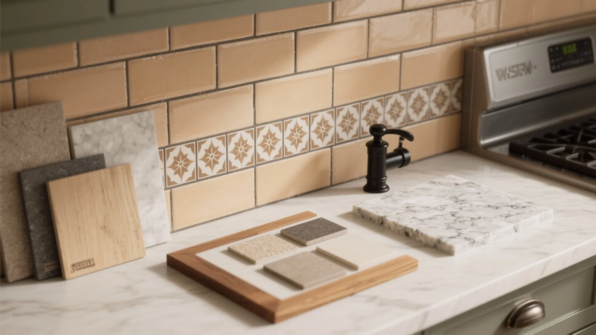 4. Warm tile backsplashes and durable countertops