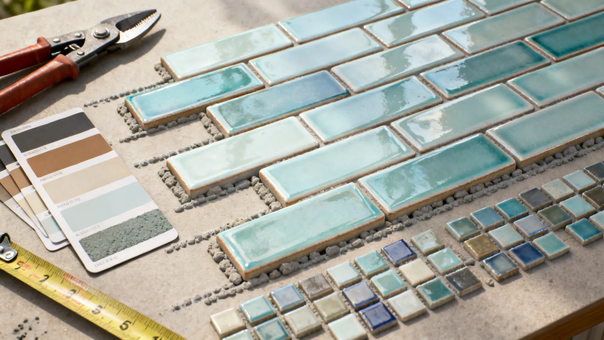 Flatlay of tile samples, grout swatches and tools for tiling a countertop