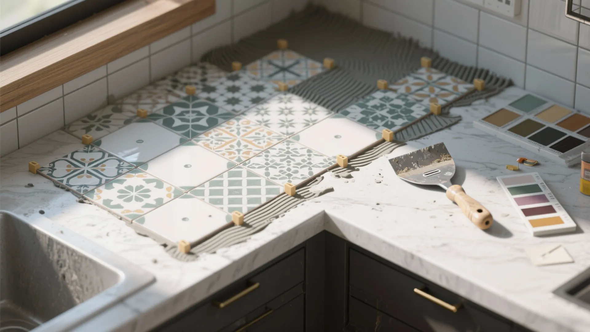 Patterned kitchen tiles being installed on a marble counter with adhesive and a metal tool