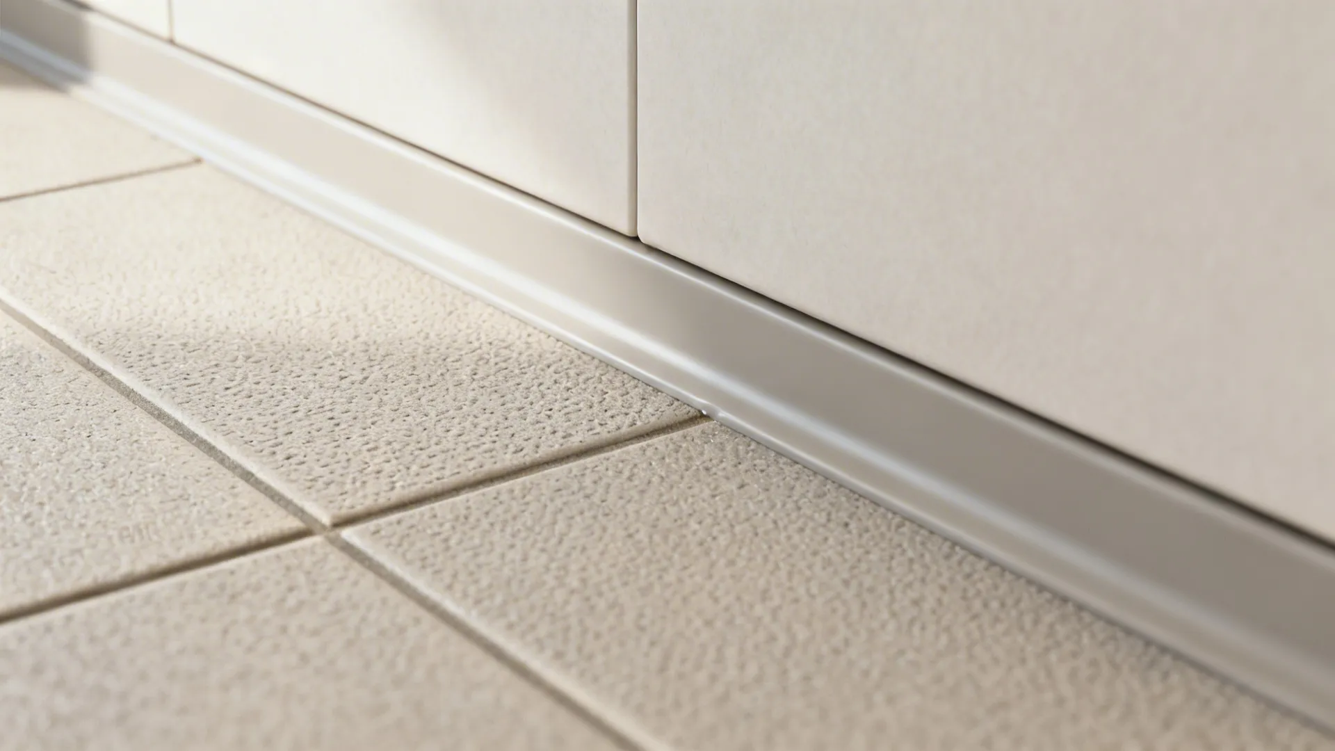 Macro of anti-slip tile surface transitioning into a resin coved skirting and light wipeable wall.