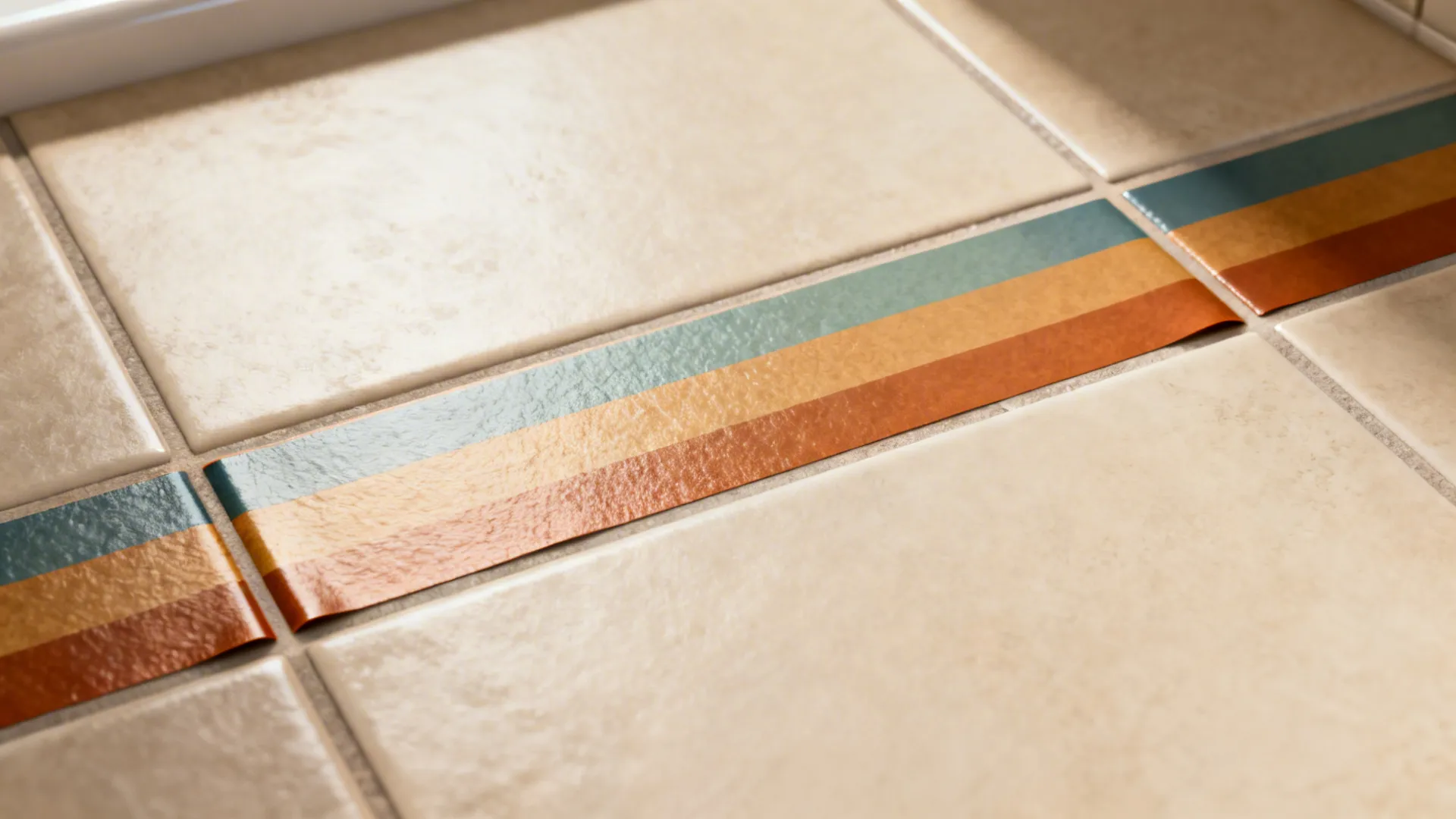 Colorful removable vinyl tile decal band across neutral bathroom tiles.