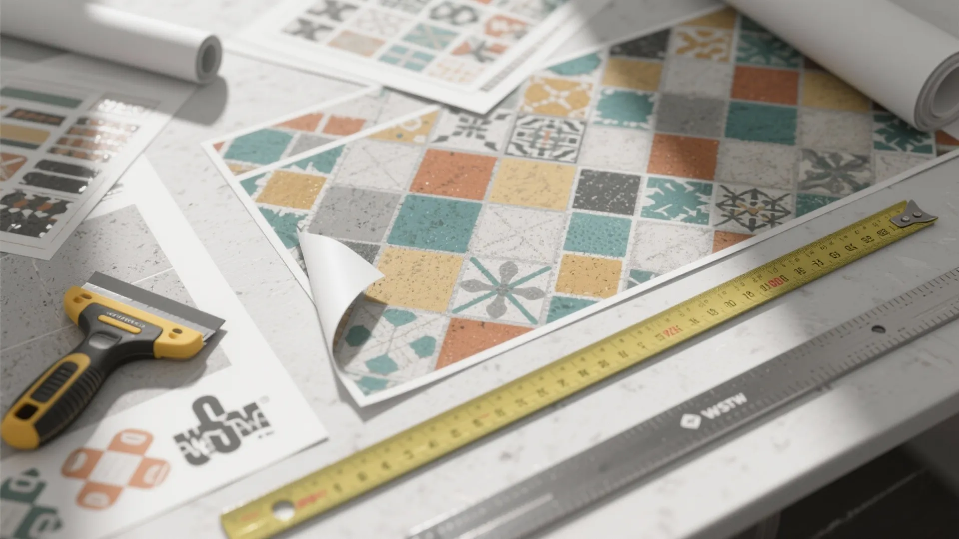 Colorful pattern tile stickers on a table with a yellow scraper tool and measuring tape