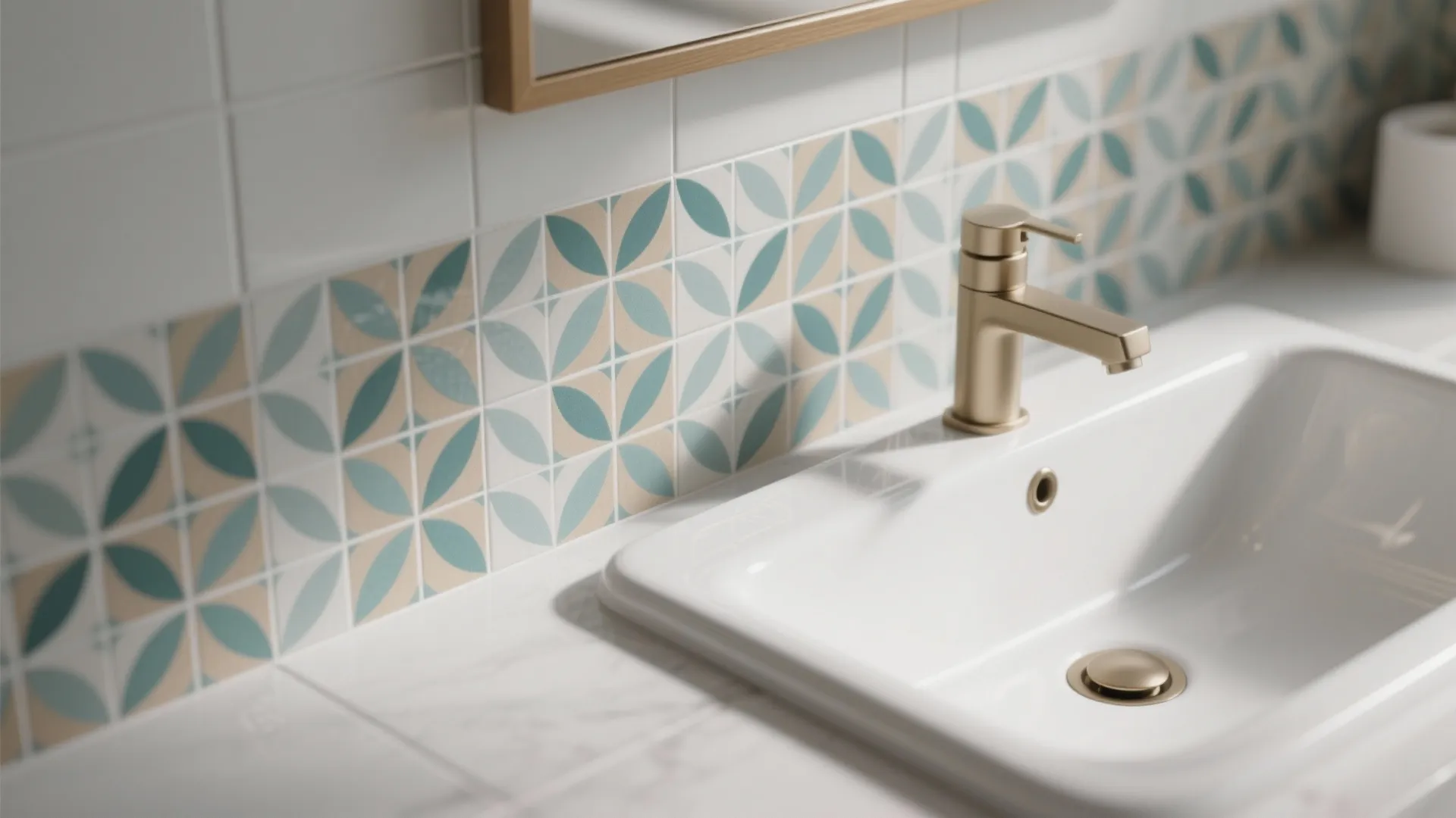 Modern white bathroom sink with gold faucet and decorative blue and beige floral tile patterns