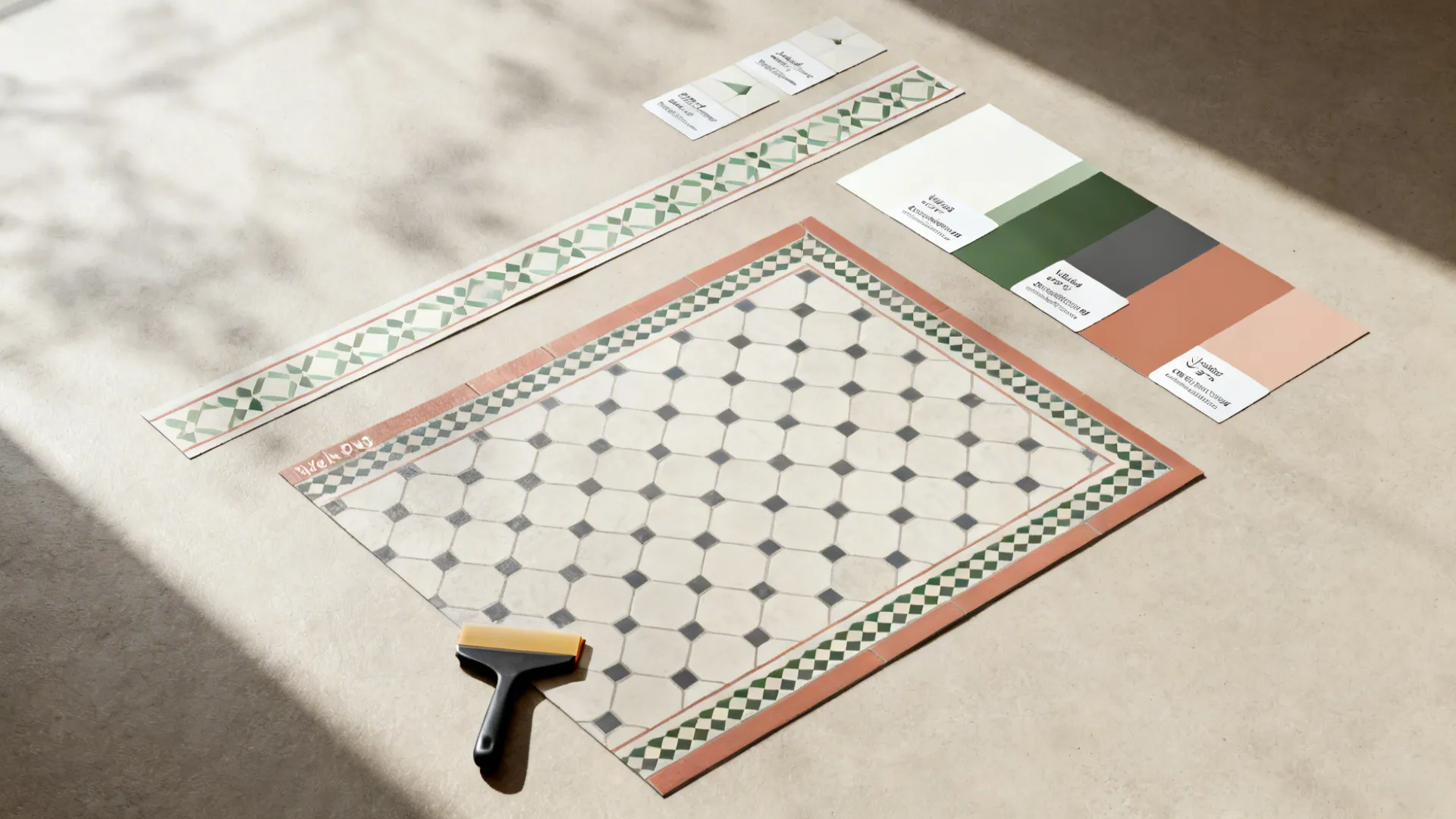 Flat lay of removable tile decals, border strips, and a faux tile rug pattern in muted colors.