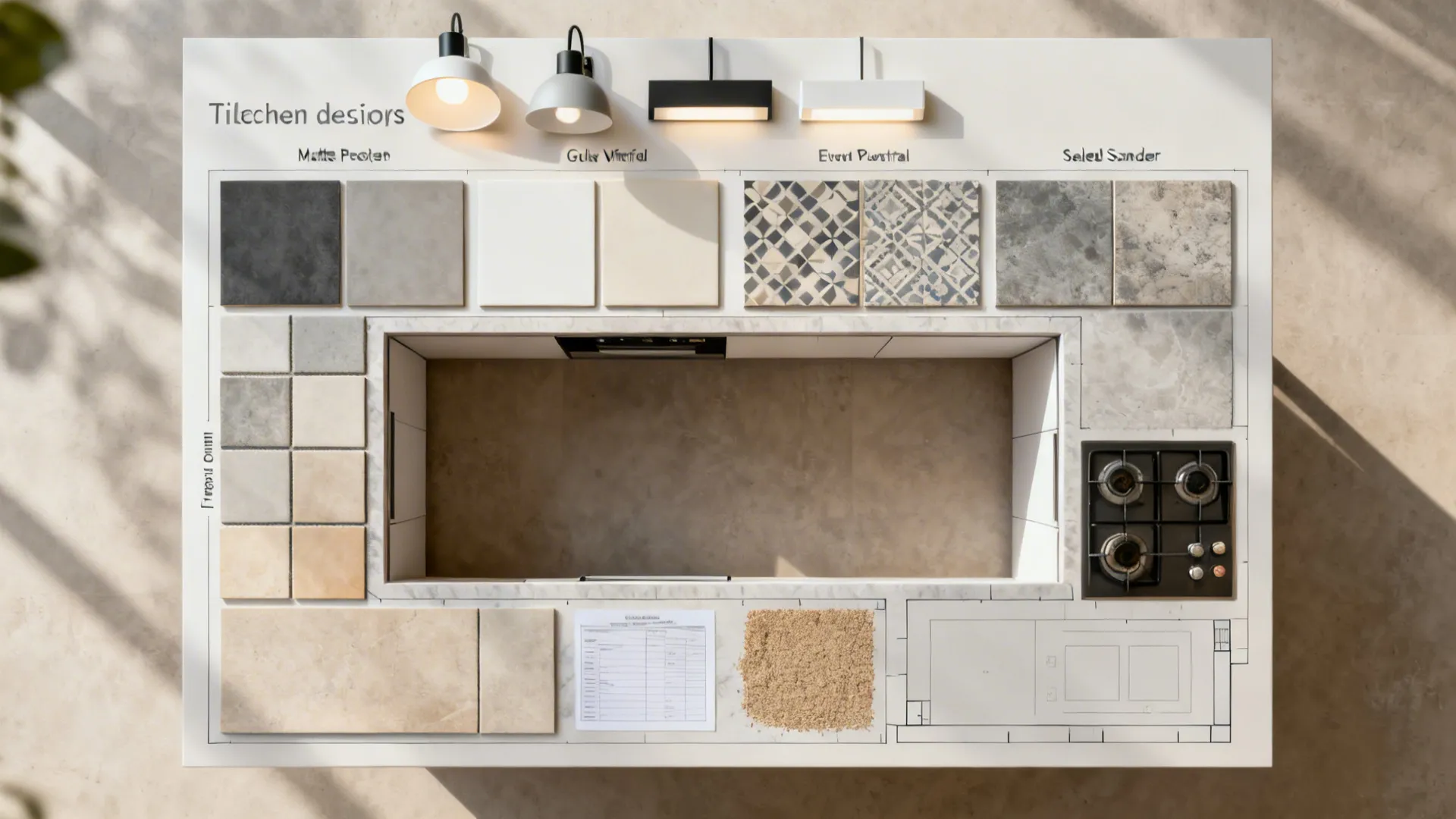 Top down view of kitchen design board with tile samples wall lights and room layout