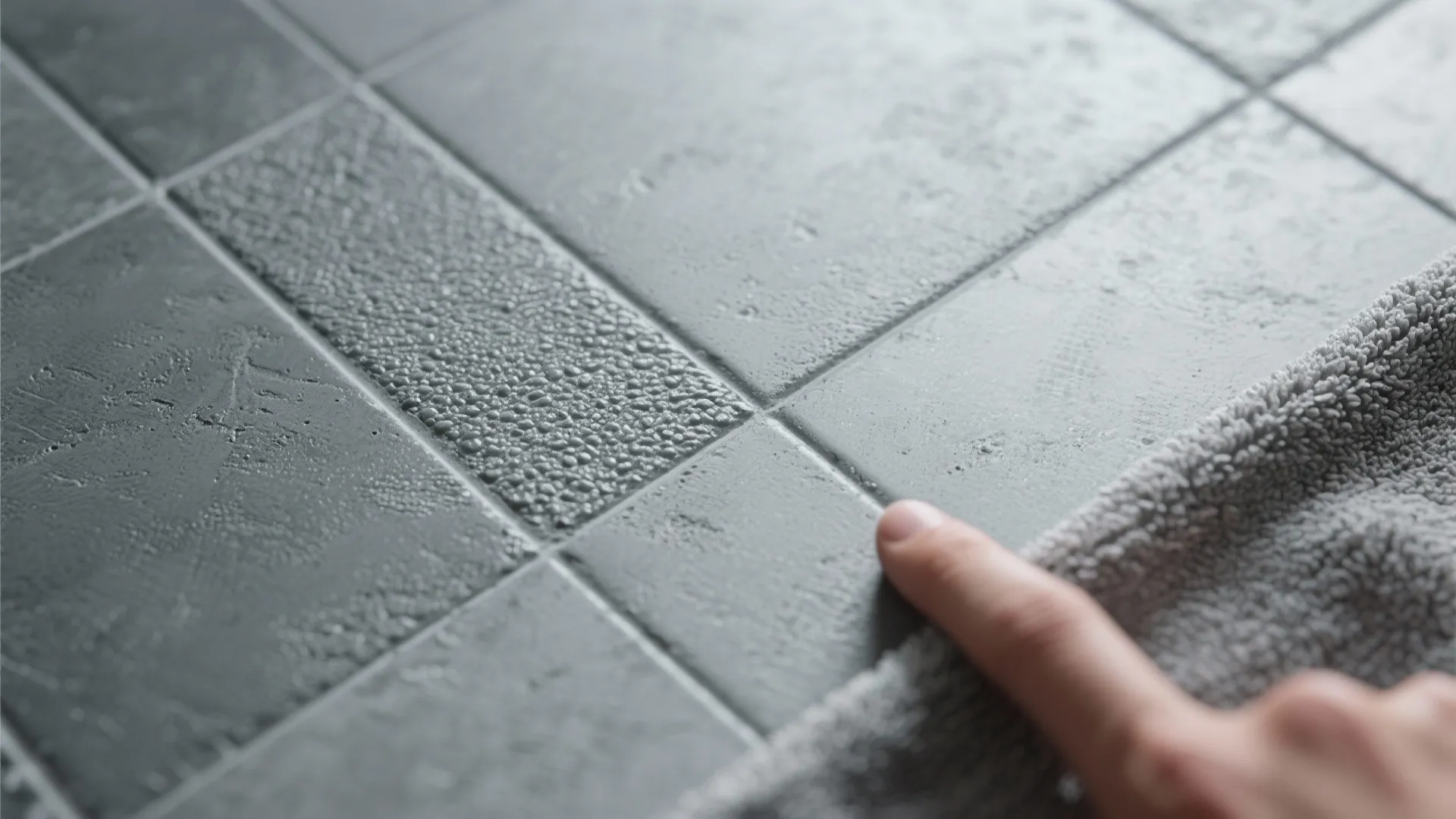 Grey floor tiles with textured surface showing small bumps being touched by one single finger
