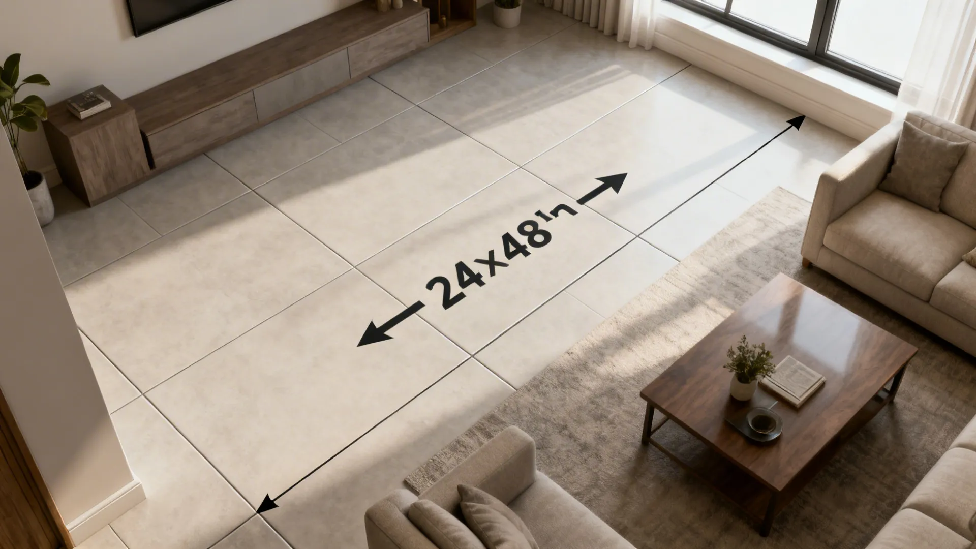 Top-down view showing large-format porcelain tiles oriented toward the window.