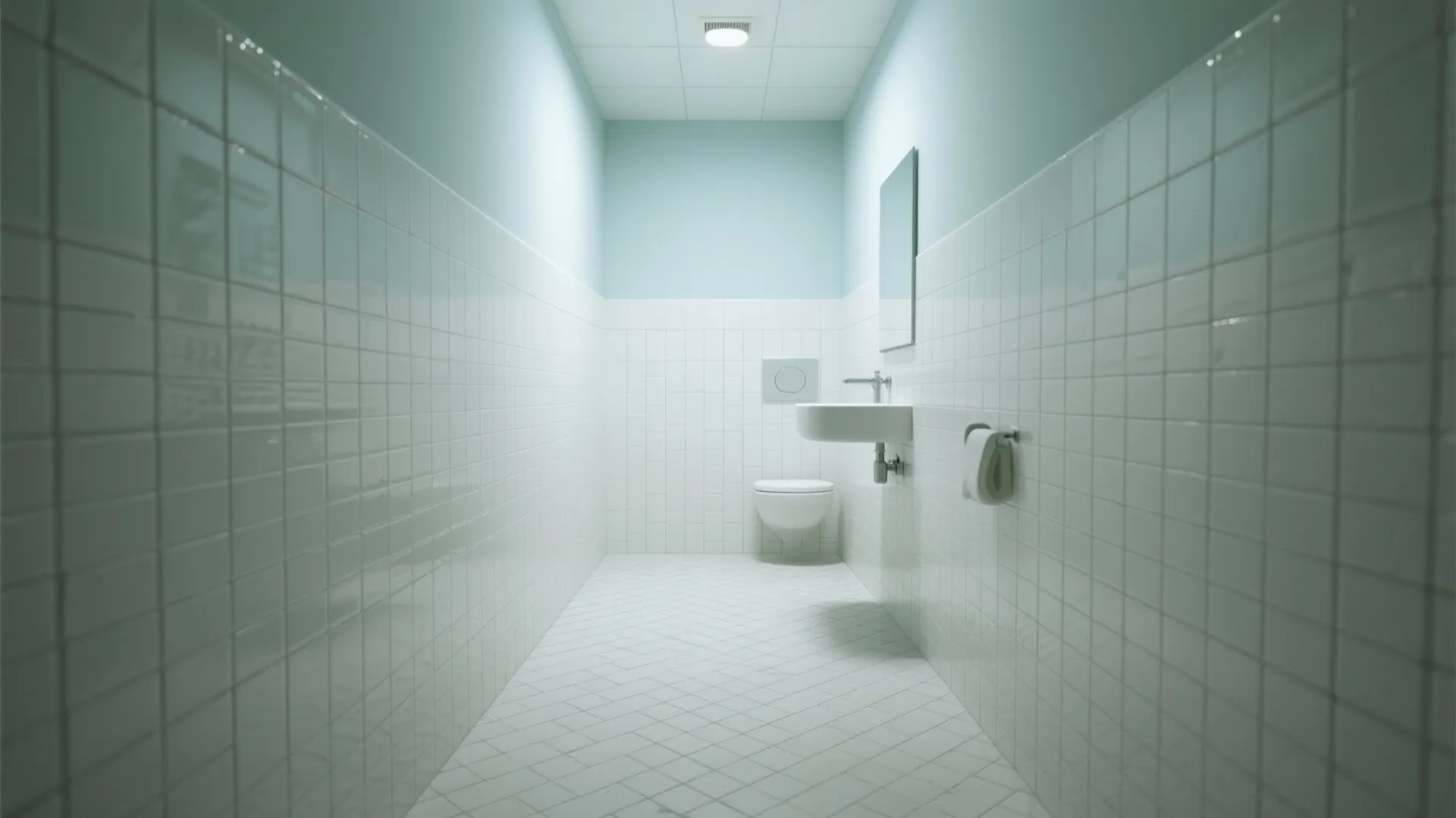 Narrow modern bathroom featuring white wall tiles, herringbone floor tiles, small sink, and white toilet