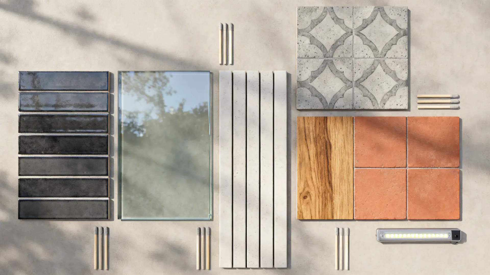 Flatlay of samples: charcoal stripe tile, glossy glass, patterned cement, vertical plank, terracotta with oak, and grout options.
