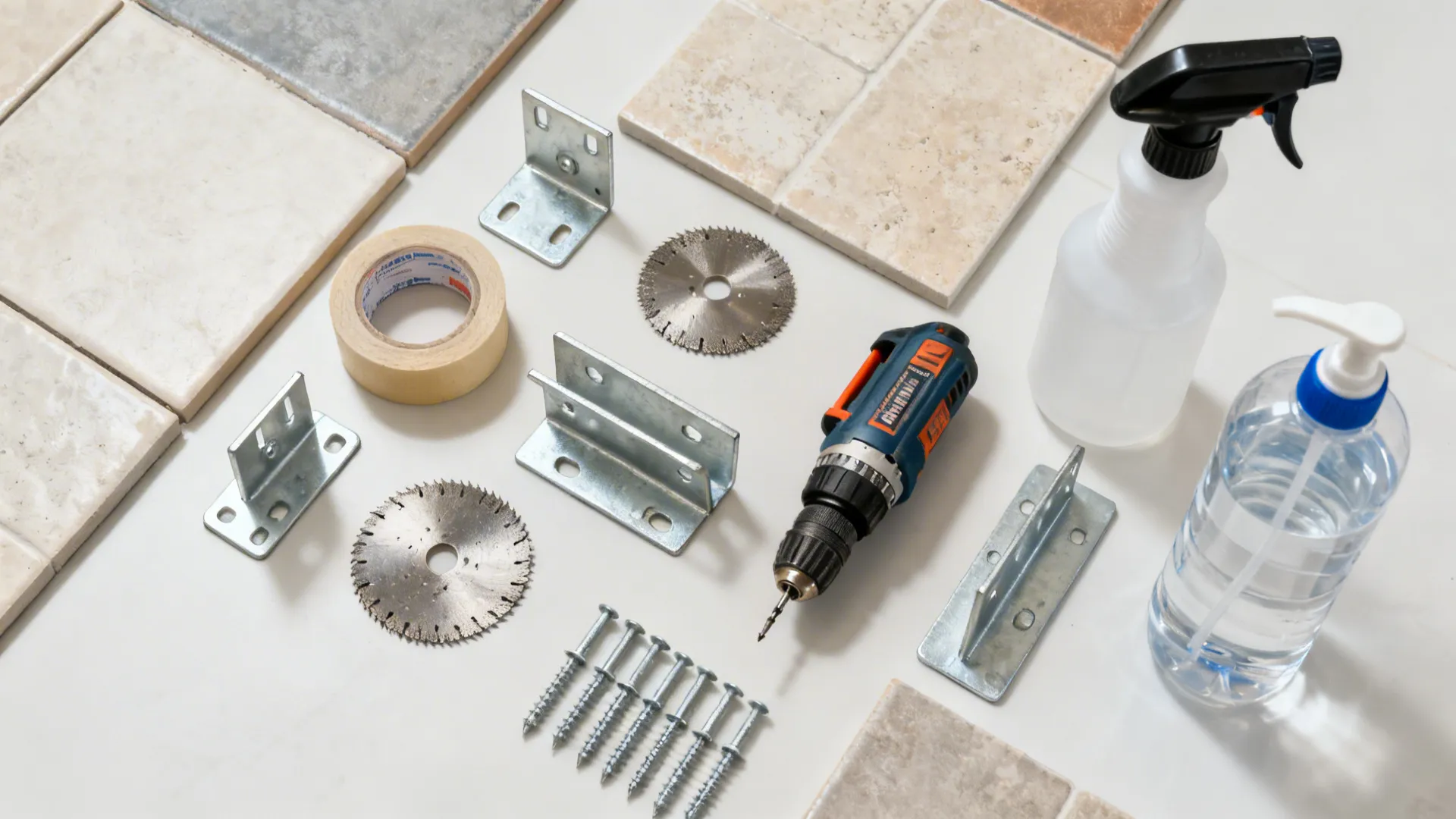 Top-down layout of diamond bits, tape, water spray, anchors, and concealed brackets for tile drilling.
