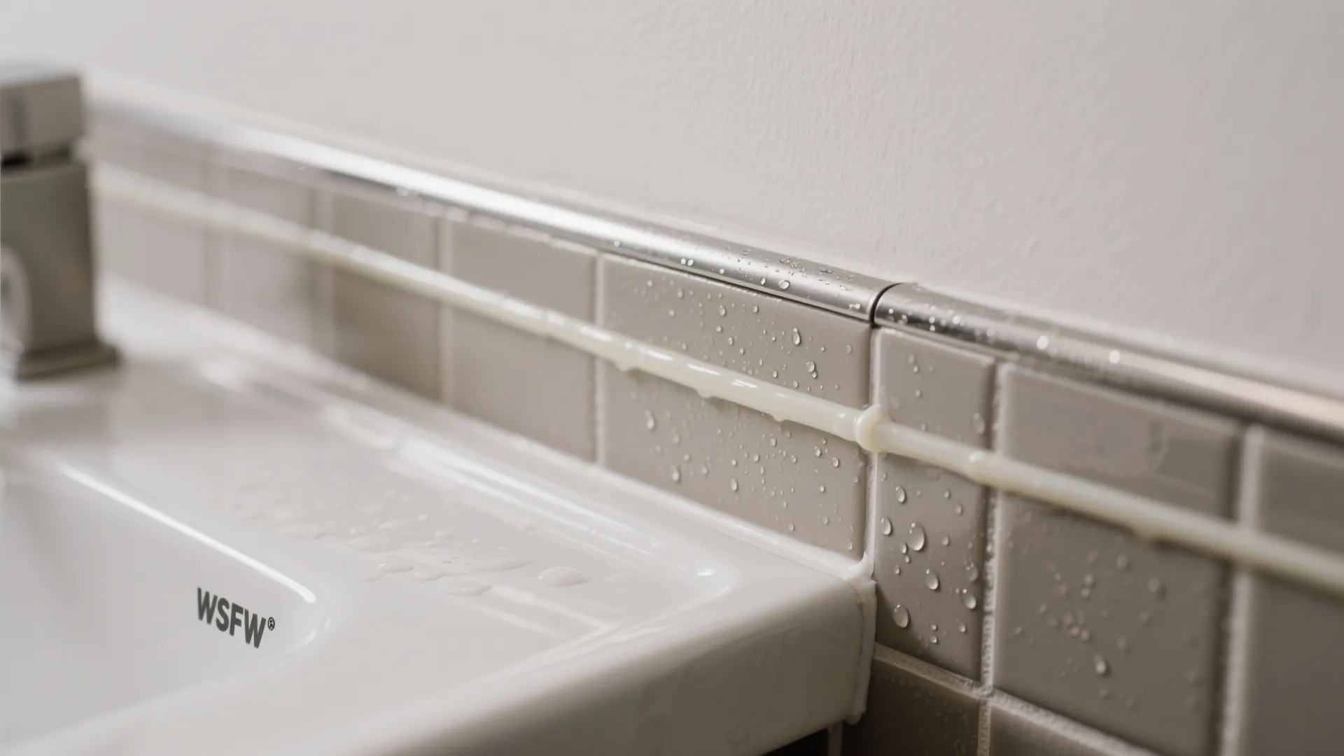 Close up of white sink edge with grey wall tiles showing wet water drops sealant