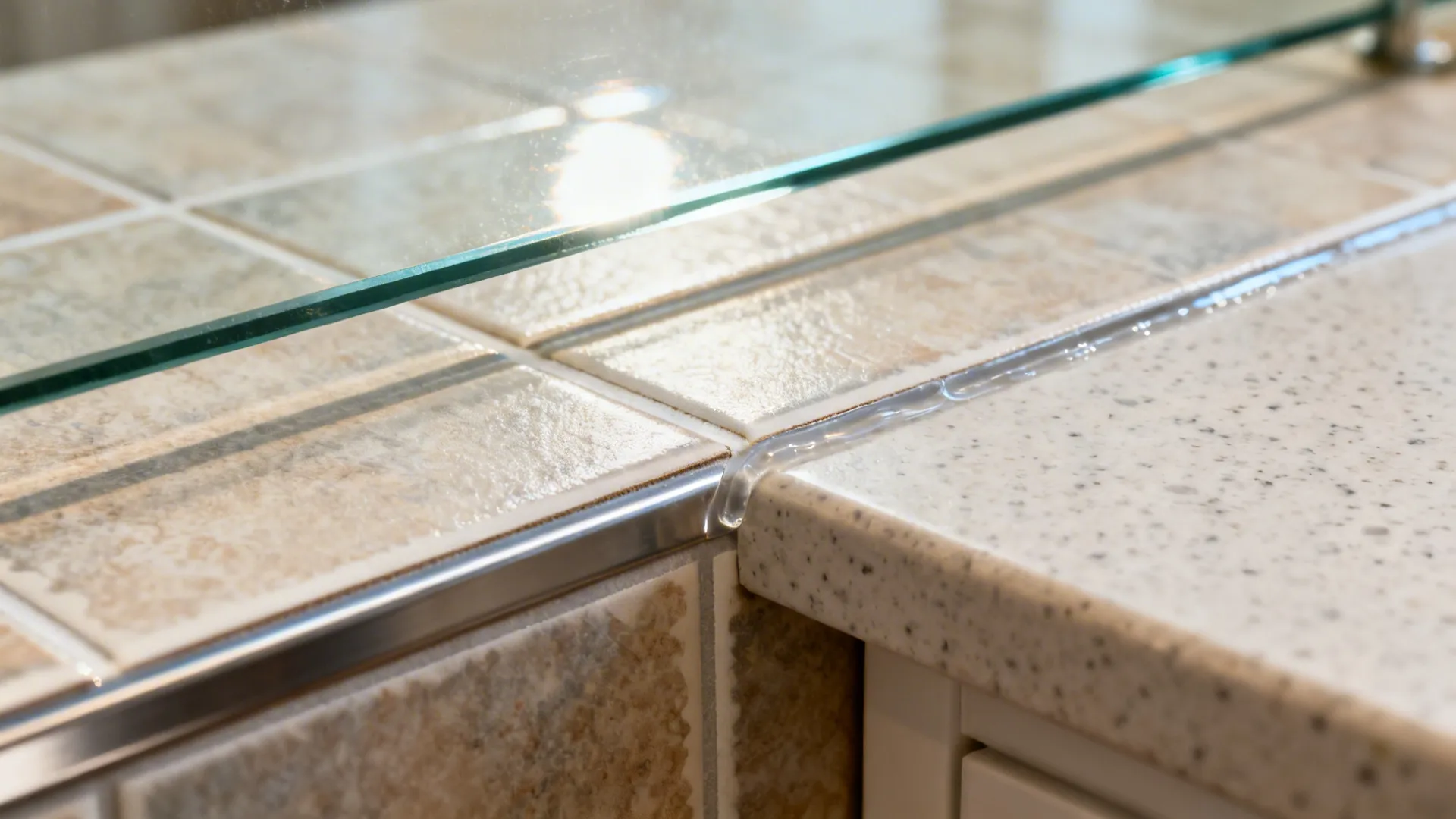 Close-up of peel-and-stick tile edge with metal trim and clear silicone near a countertop.