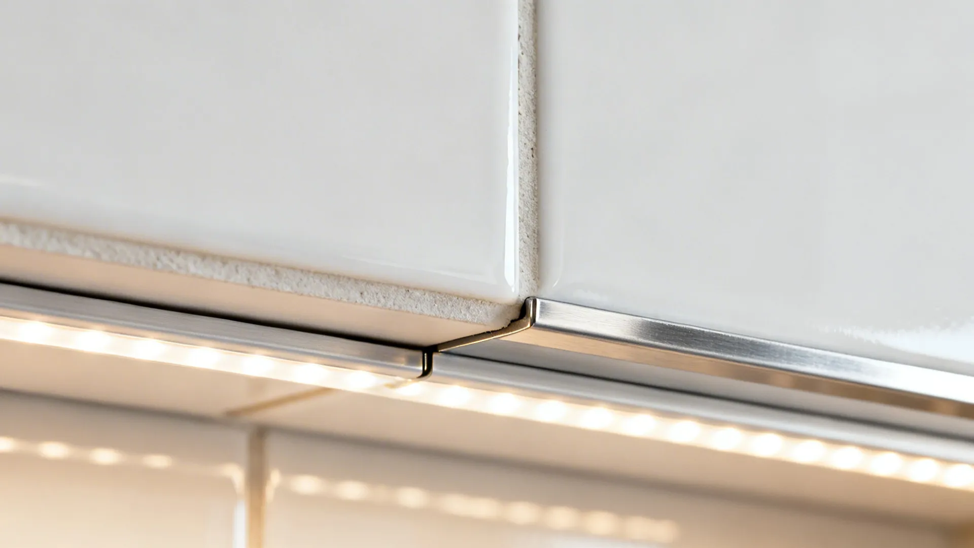 Macro of white tile with Schluter trim and warm grout under LED task lighting