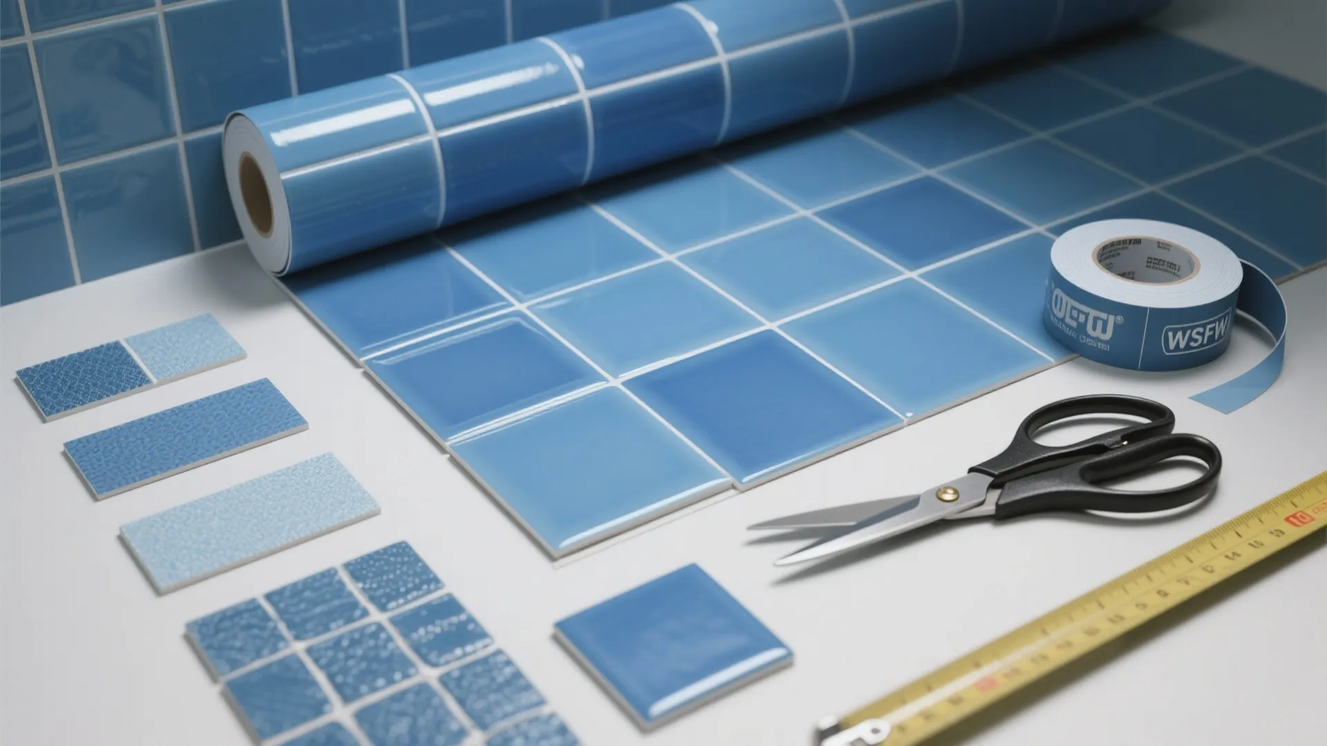 Blue tile effect wallpaper roll with scissors tape measure and small blue square wall tile
