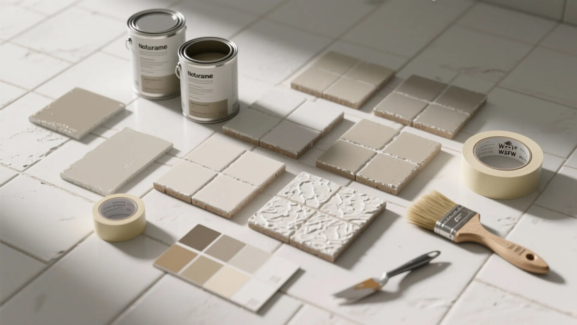Various tile samples paint cans and paint brushes arranged on floor for home interior design project