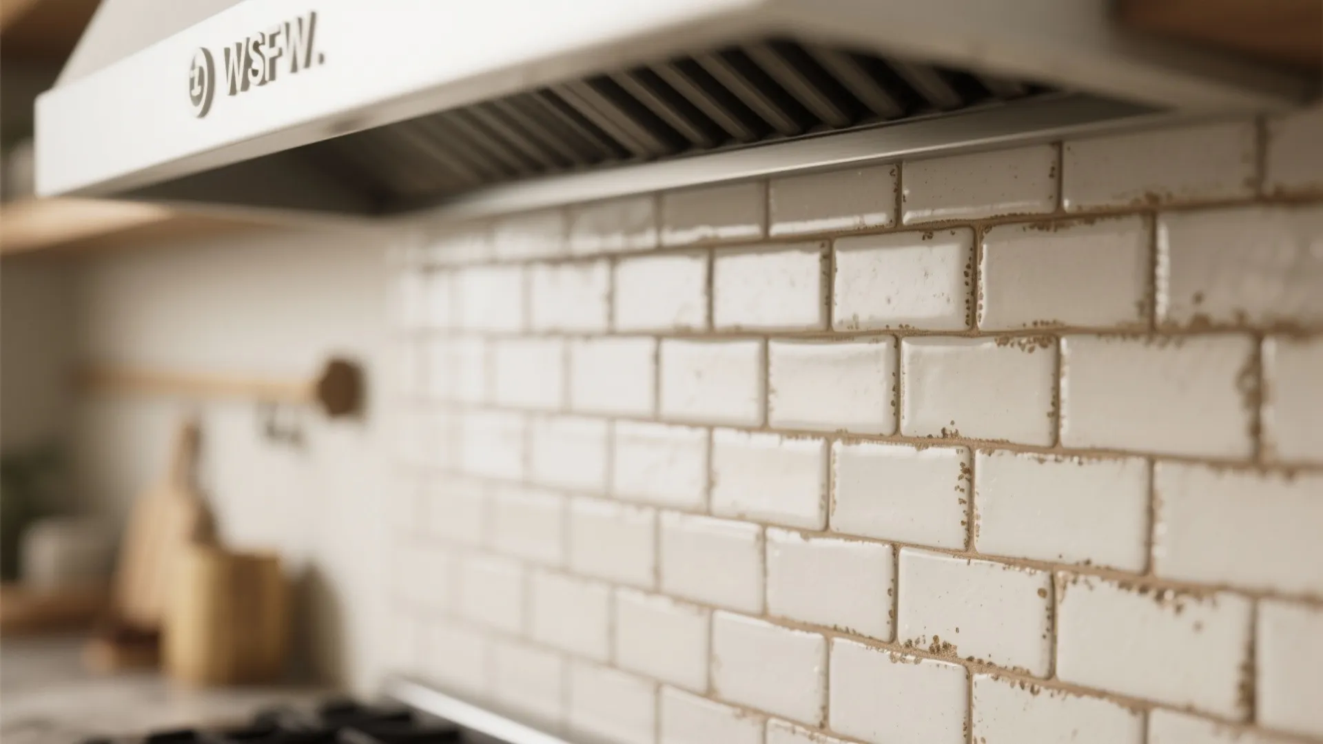 Close up view of white subway wall tiles with brown grout under a kitchen stove hood