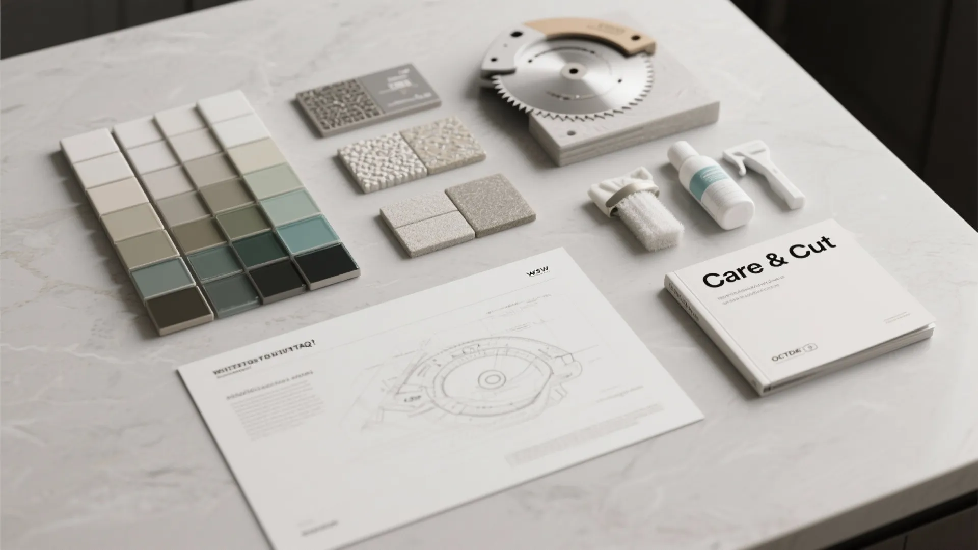 Tile samples saw blade cleaning tools and care guide book placed on a marble surface