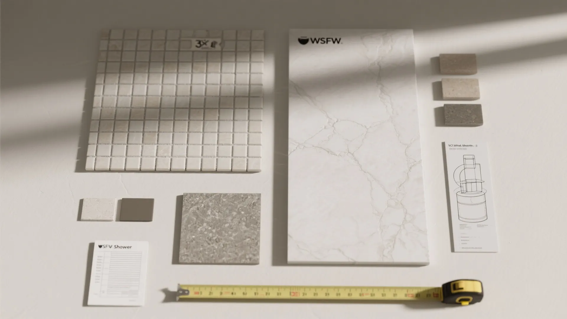 Selection of tile samples including small mosaic squares and large marble slab with measuring tape