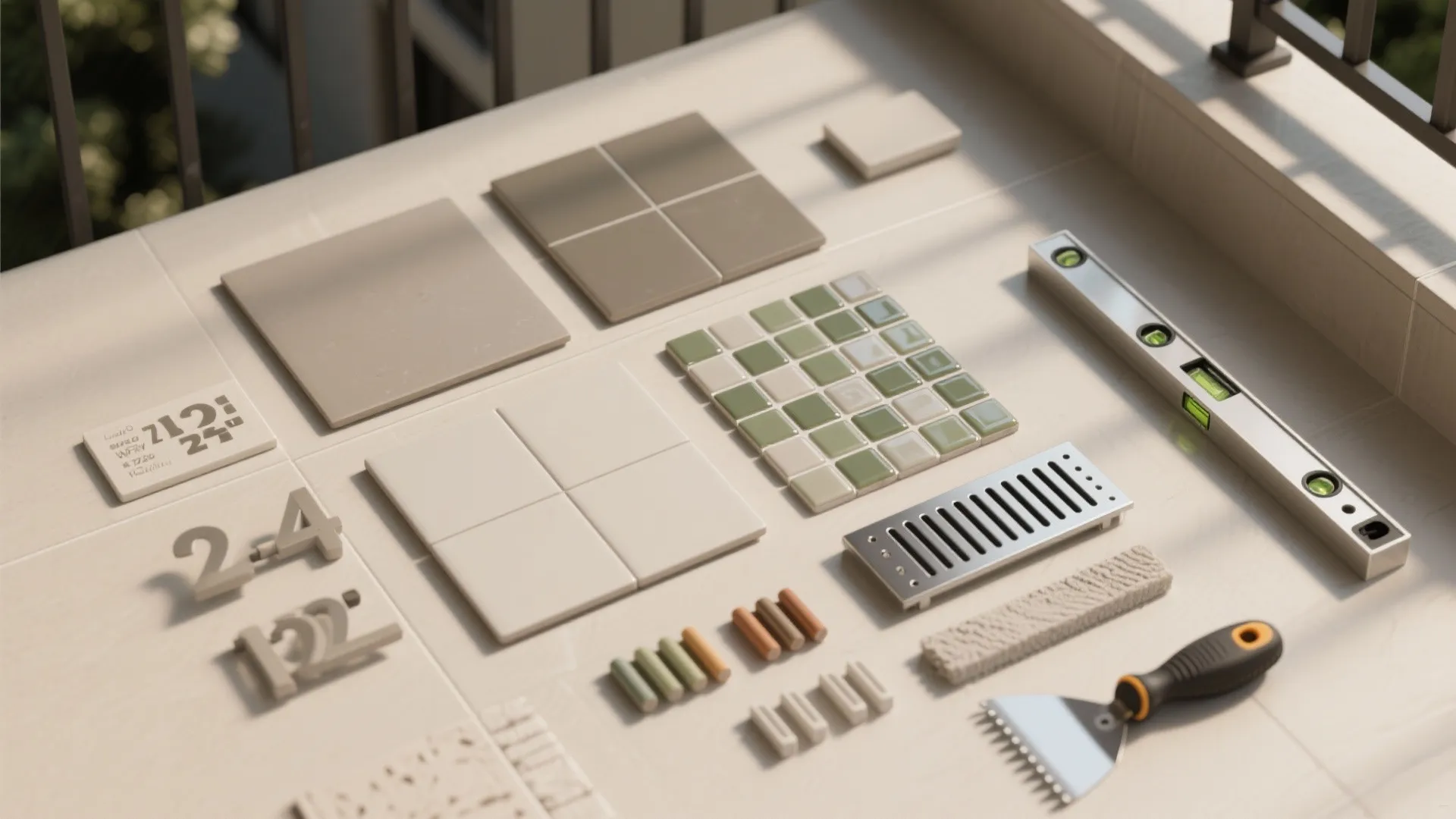 Floor tiles and wall tiles with level tool metal drain and scraper on a balcony