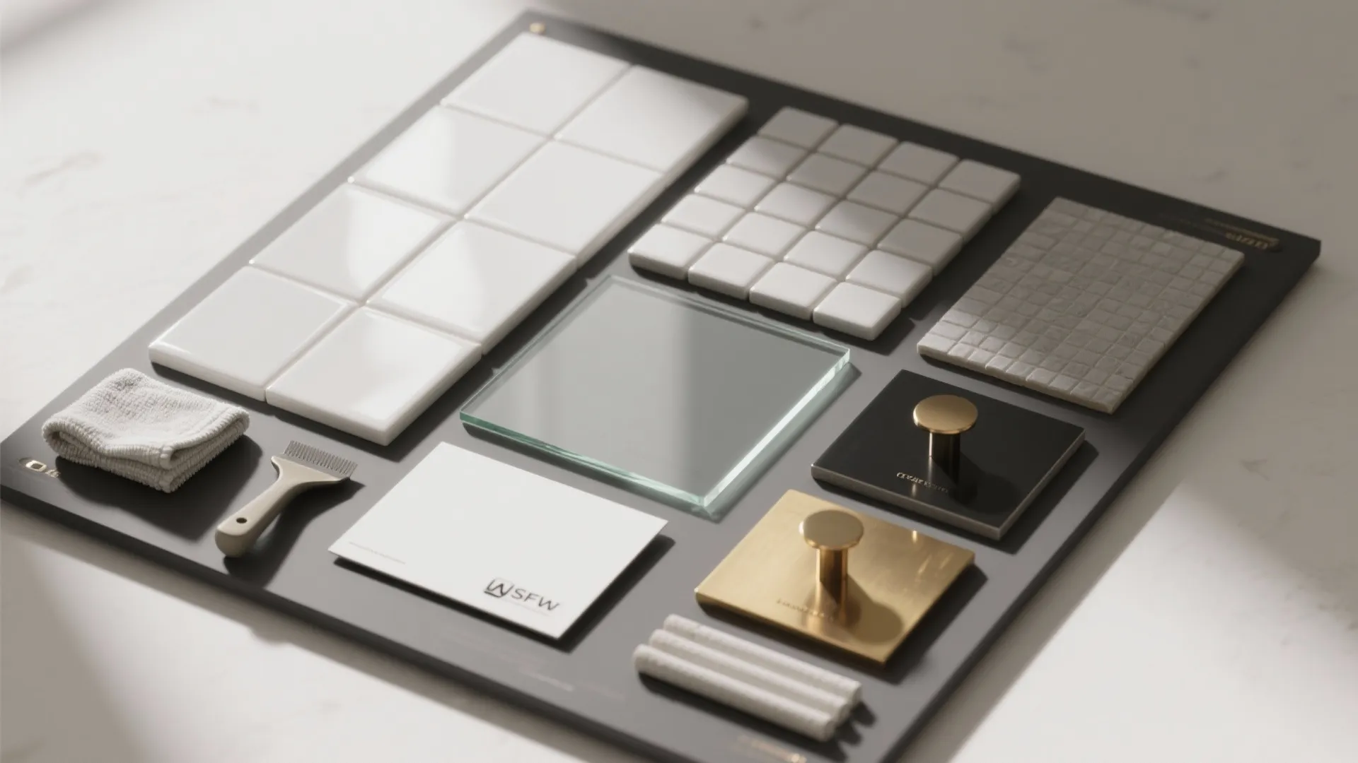 Interior design mood board with white wall tiles gold cabinet knobs glass samples and tools