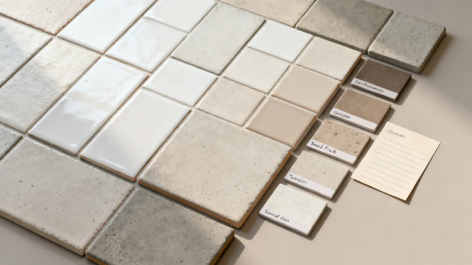 Flat lay of fruit tile samples, grout colors, and finish chips for kitchen planning.