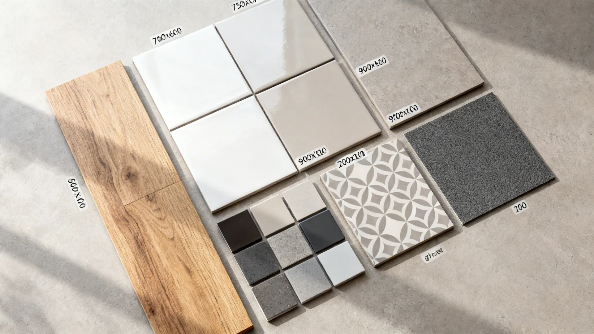 Flat lay showing common living room tile sizes, finishes, patterns, and underlayment options.