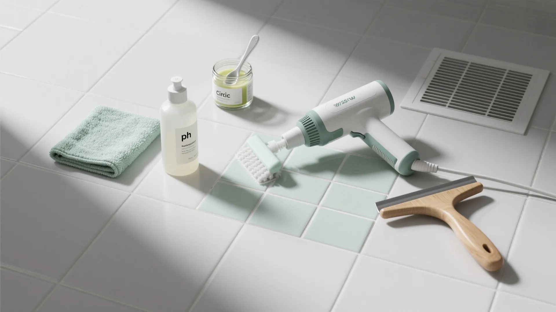 Cleaning tools on white floor tiles including electric brush squeegee cloth and liquid cleaner in bottle