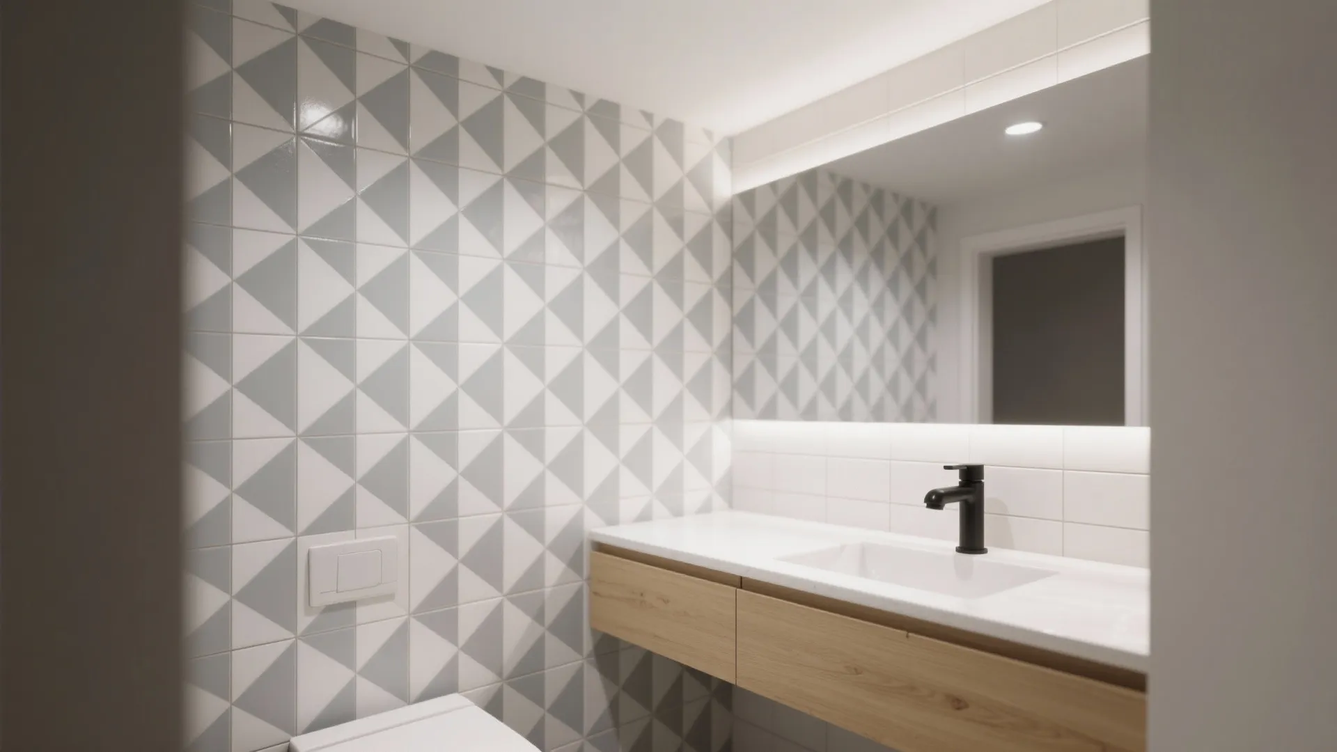Small bathroom vanity with a geometric patterned tile feature wall and balanced grout lines.