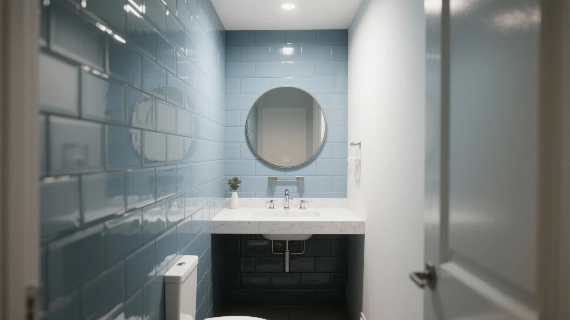 2. Blue-Grey Tile Feature Wall Behind the Vanity