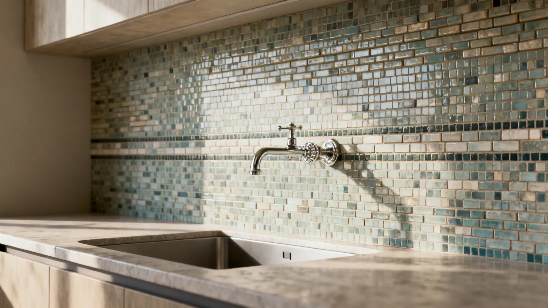 Wall-mount faucet centered on a grout line over a stacked zellige tile backsplash.