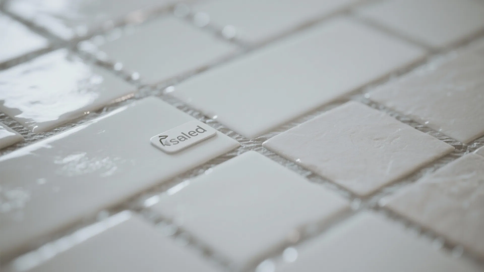 Close up view of white glossy wall tiles and matte wall tiles with small logo