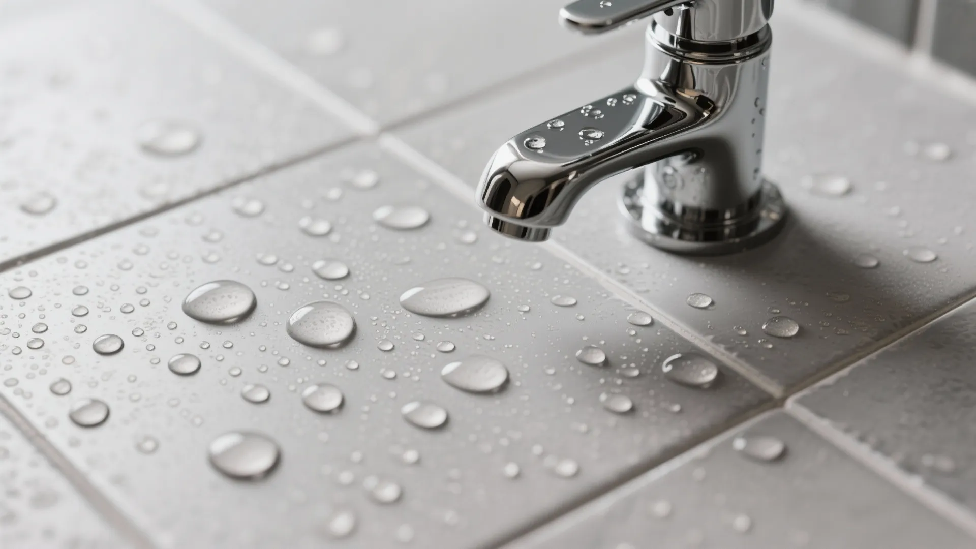 Close up view of chrome water tap on white tiles with many small water drops