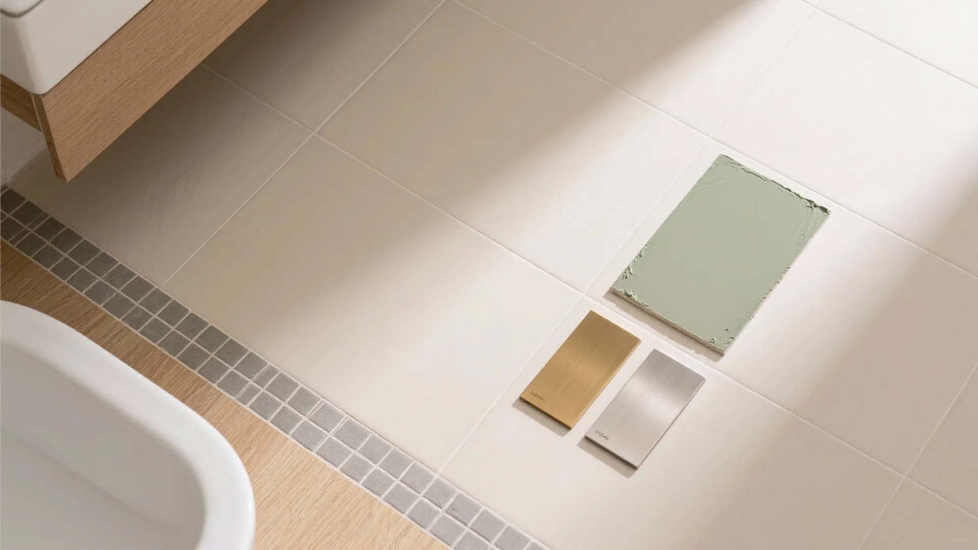 Bathroom floor tiles showing color samples in gold and silver next to a green tile piece
