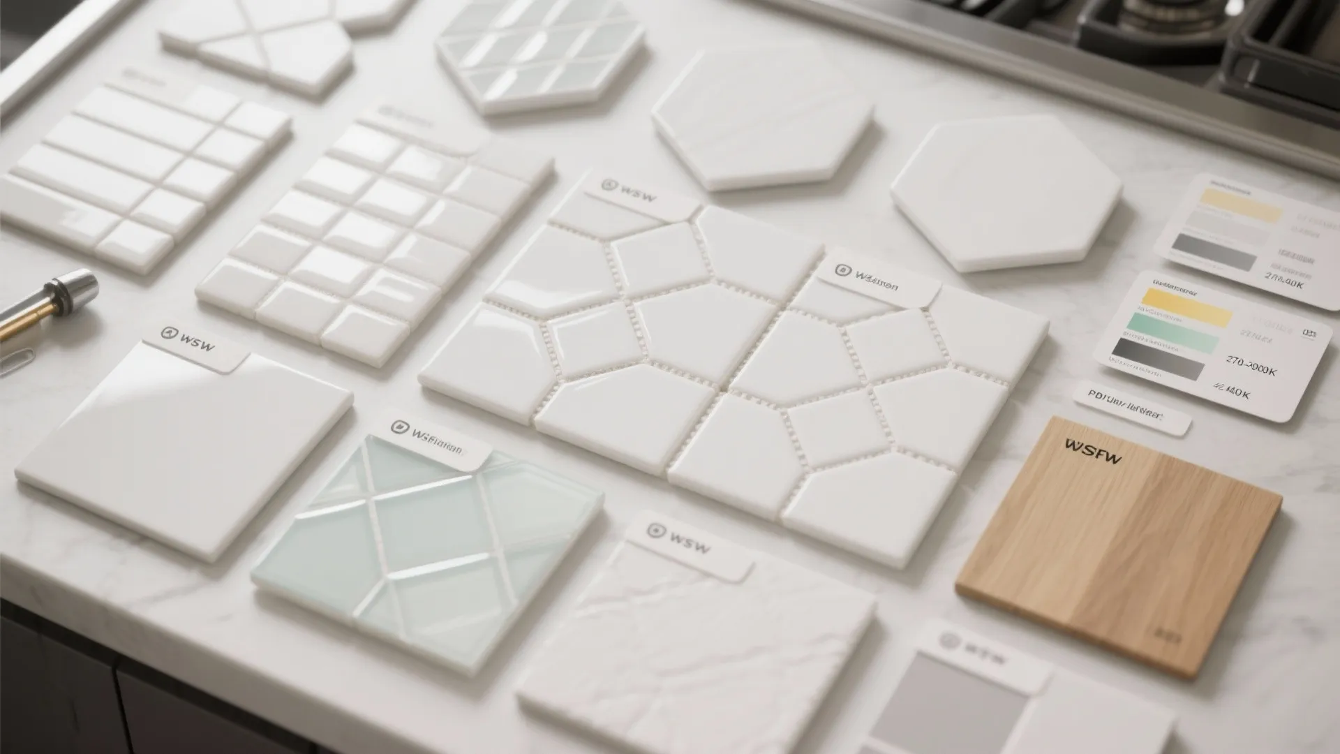 Various white tiles and wood board laid out on table with small color palette selection
