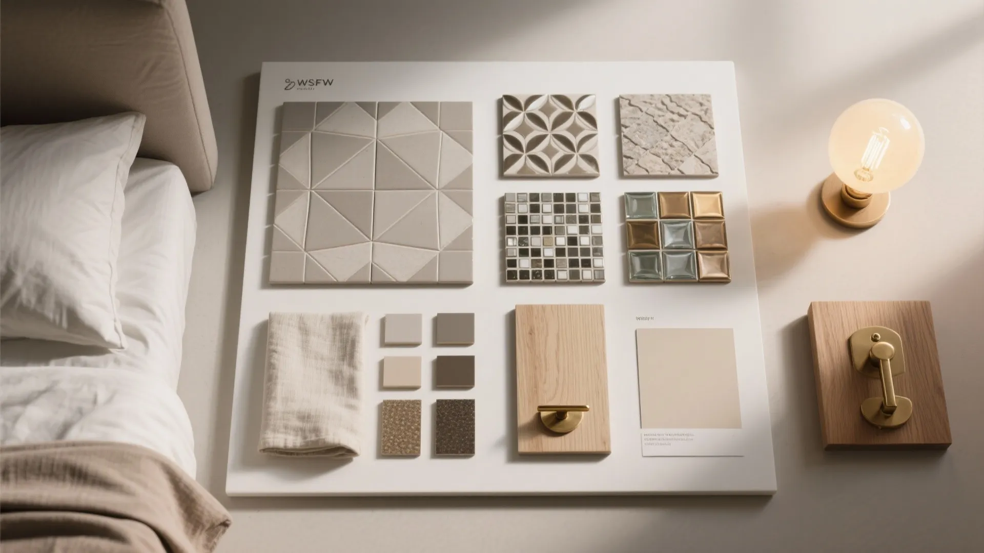 Interior design mood board with various tiles wood samples fabric swatches and small light fixture