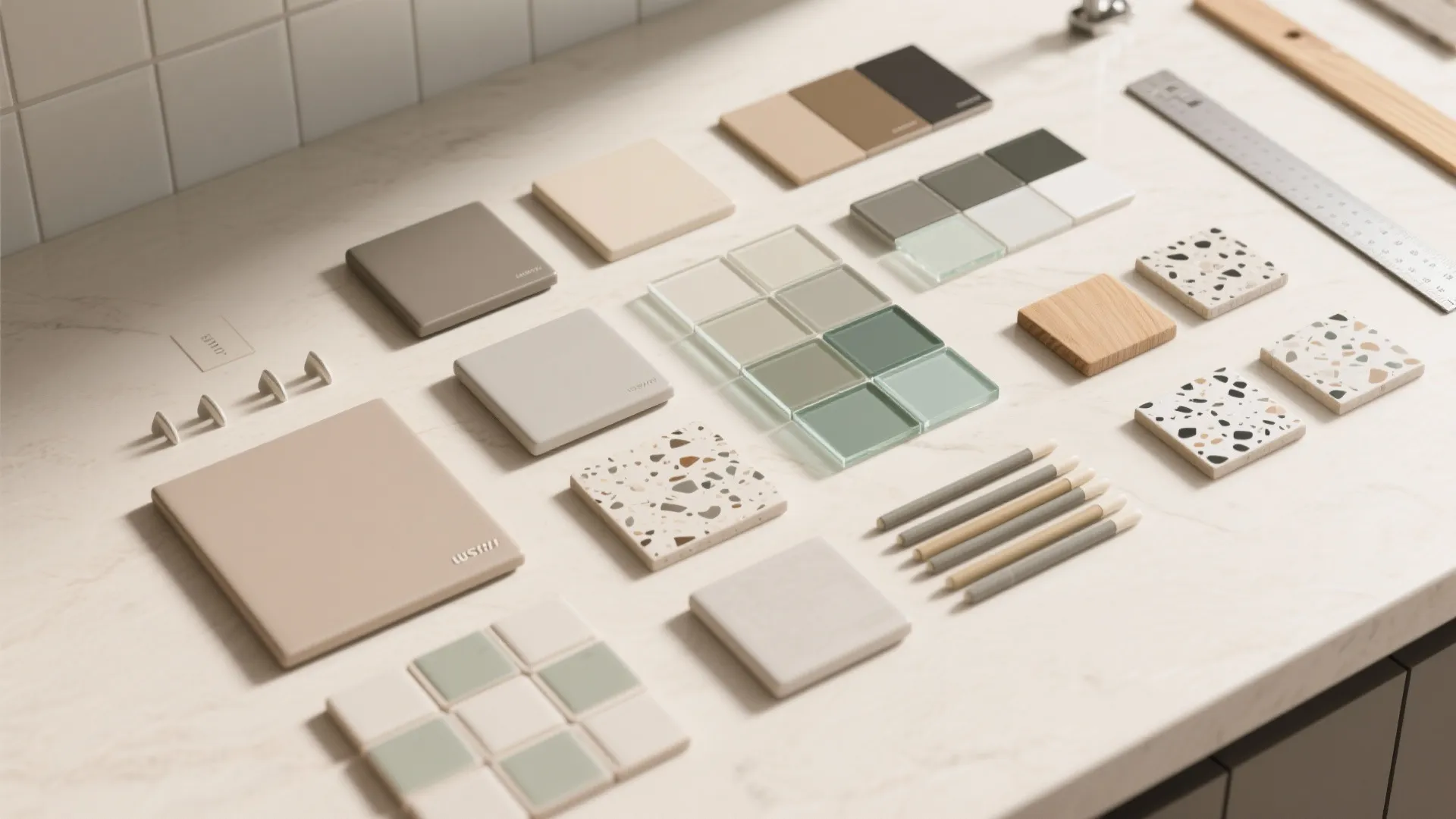 Interior design material board with ceramic tiles glass samples terrazzo stones and wood on marble table