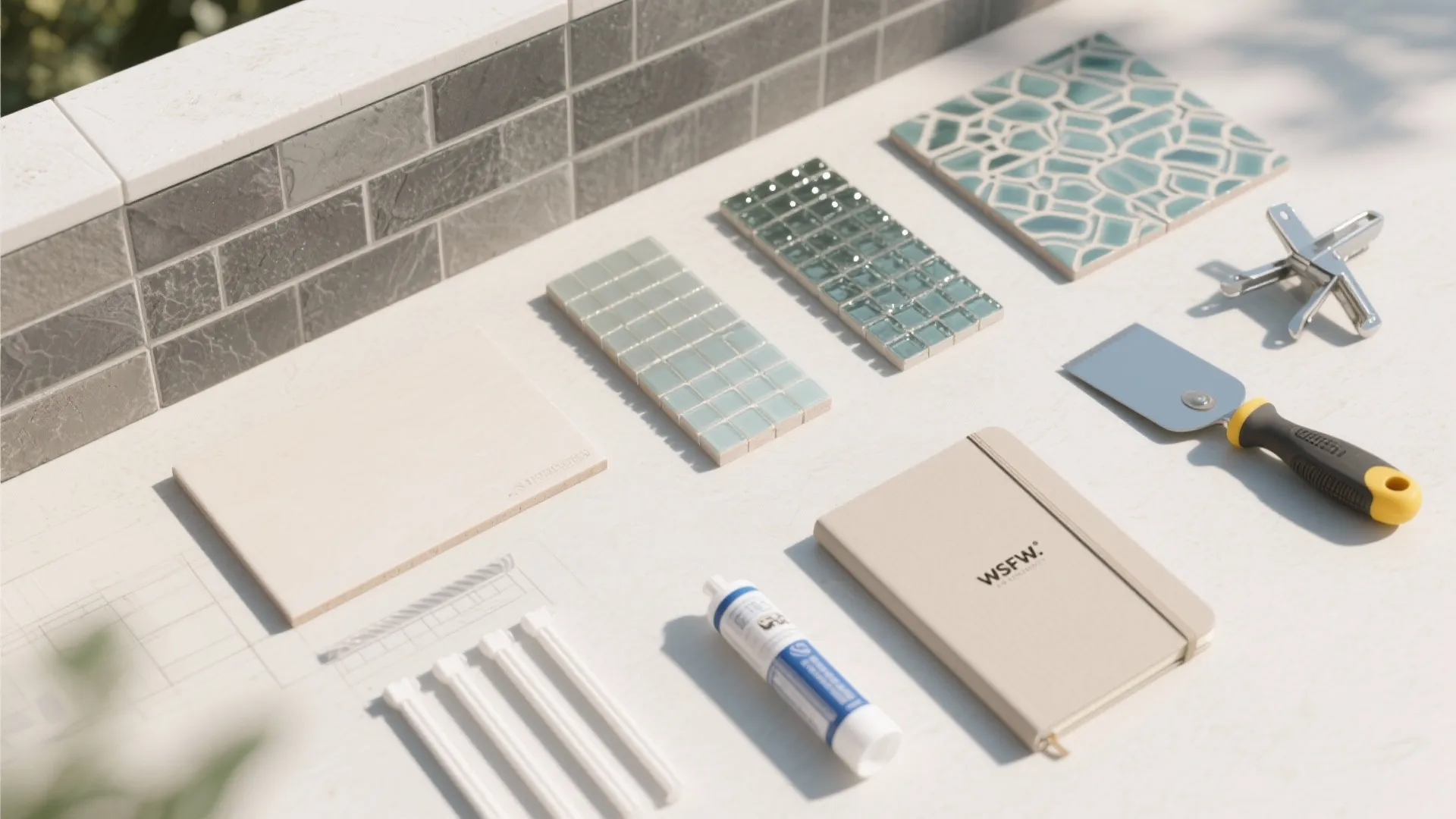 Variety of wall tiles and flooring samples arranged on table with notebook and tiling tools