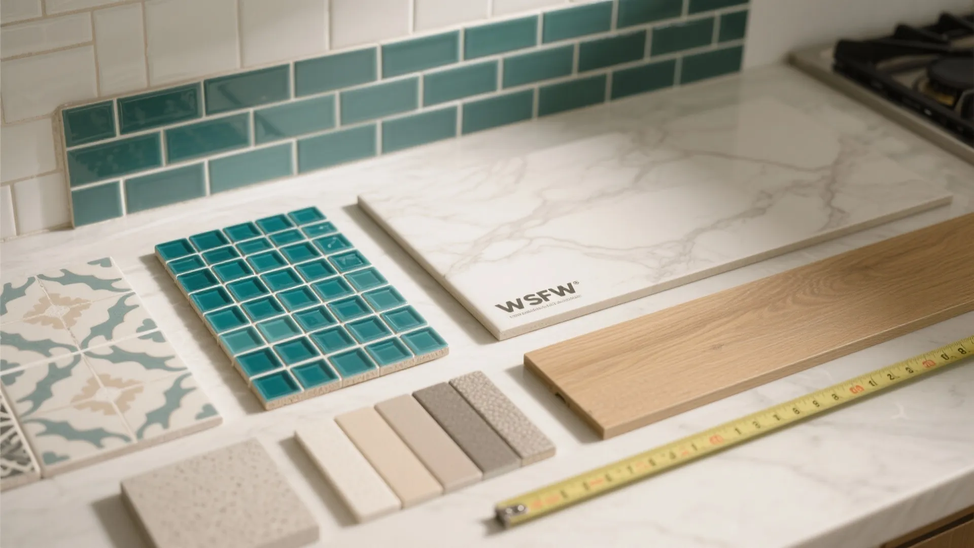 Interior design material samples including green tiles and marble board with wood and tape measure