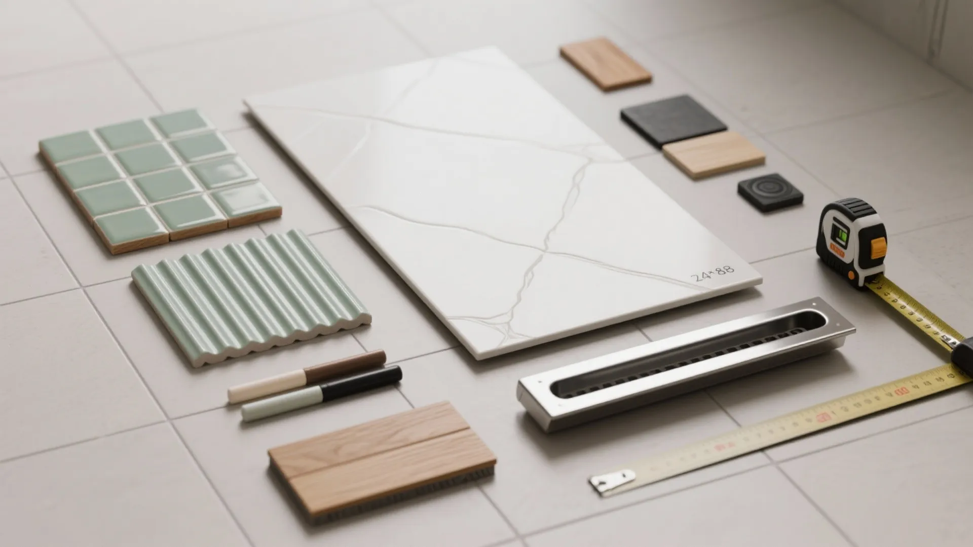 Collection of marble tiles green wall tiles wood samples and a measuring tape on floor